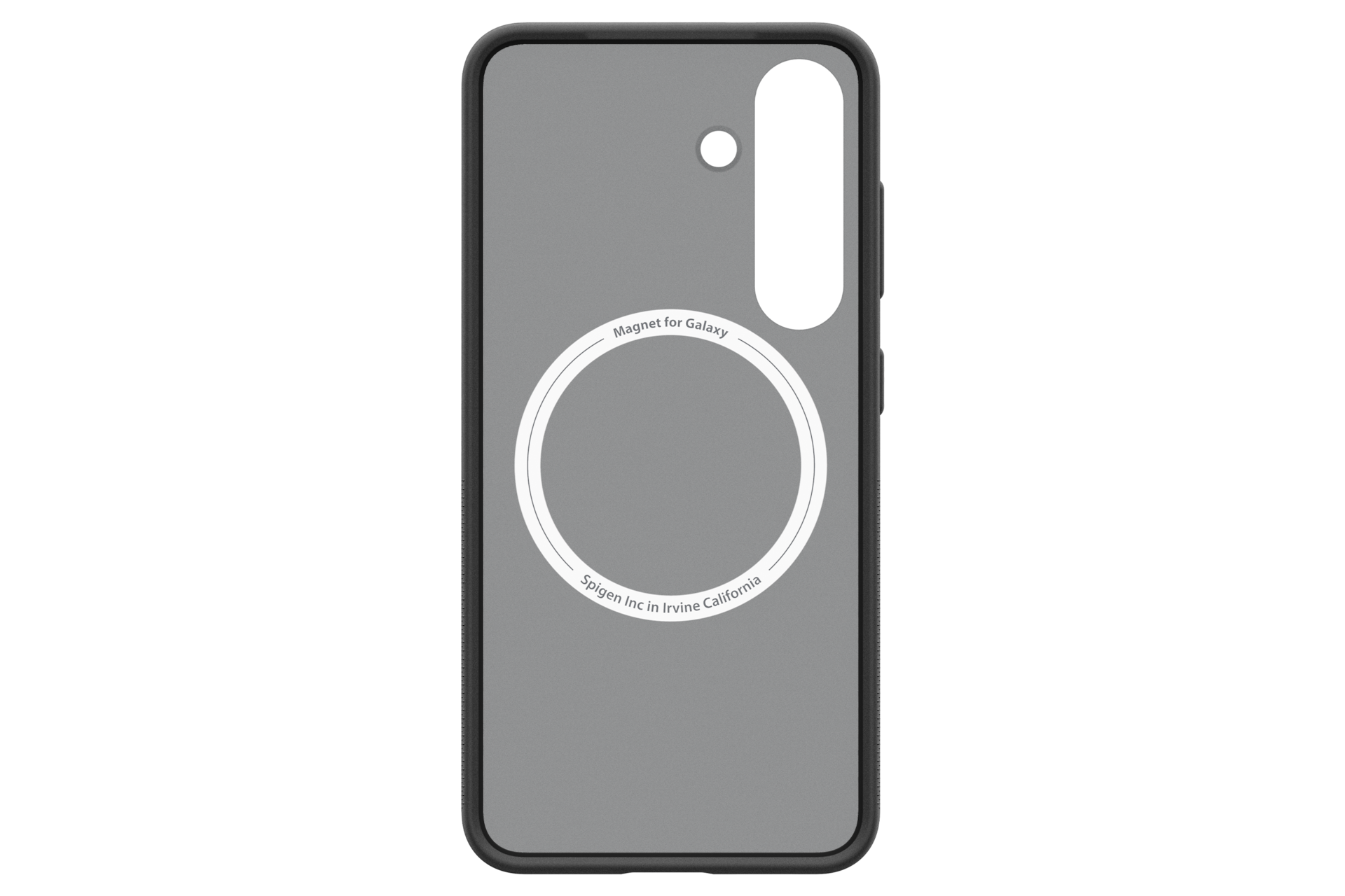 Eine graue Handyhülle mit weißem Ring und Text für Galaxy. Es hat einen schwarzen Rand und einen schwarzen Hintergrund.