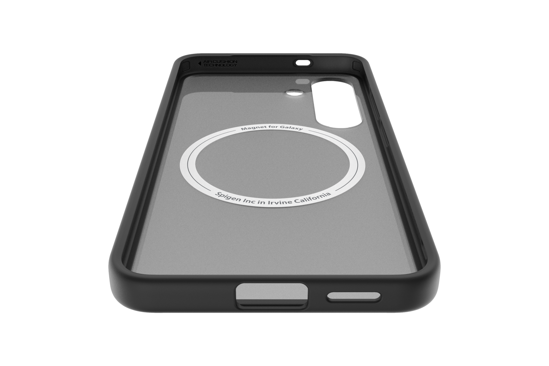 Schwarze Handyhülle mit weißem Ring und Text. Es steht 'Magnet für Galaxy' und 'Spigen Inc in Irvine California'.