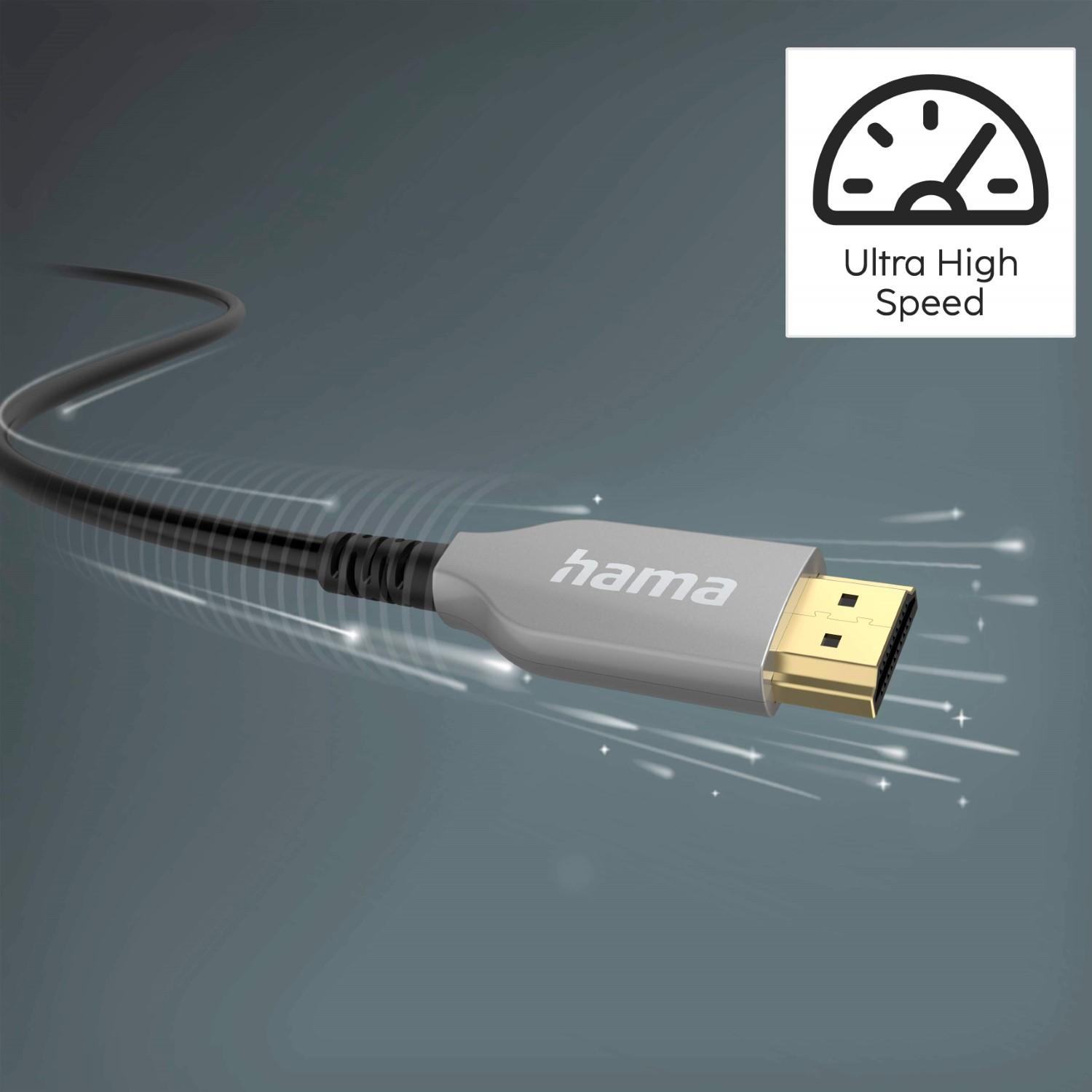 Ein HDMI-Kabel mit grauem Stecker und goldfarbenem Anschluss, das Hama-Logo ist sichtbar. Der Hintergrund ist türkis mit Geschwindigkeitslinien.