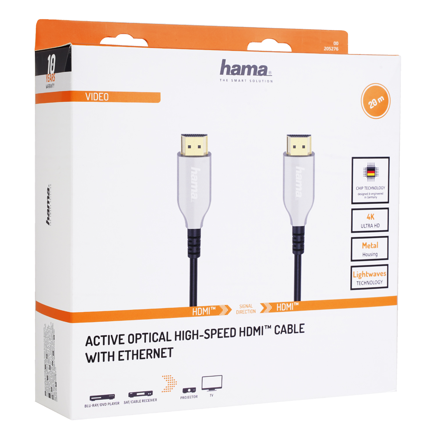 Eine weiße Schachtel mit einem HDMI-Kabel. Auf der Schachtel steht 'hama', 'HDMI', '4K' und 'Ethernet'. Das Kabel ist weiß und schwarz.