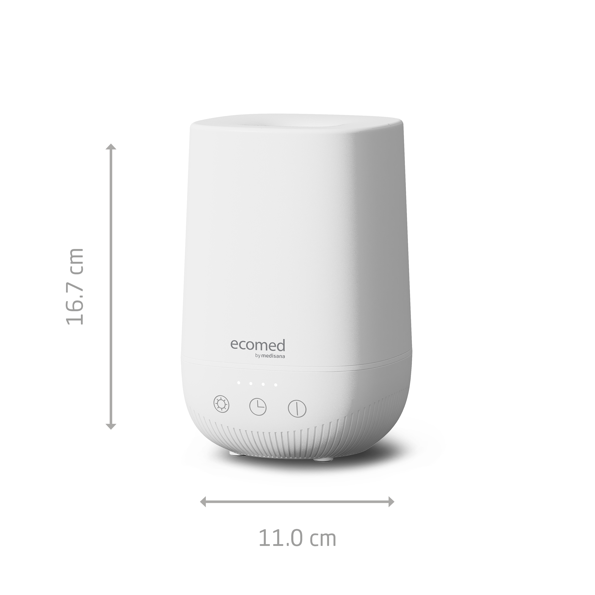Ein weißer Aromatherapie-Diffusor mit dem Logo "ecomed by medisana", beschriftet mit den Maßen: 16,7 cm hoch und 11,0 cm breit.