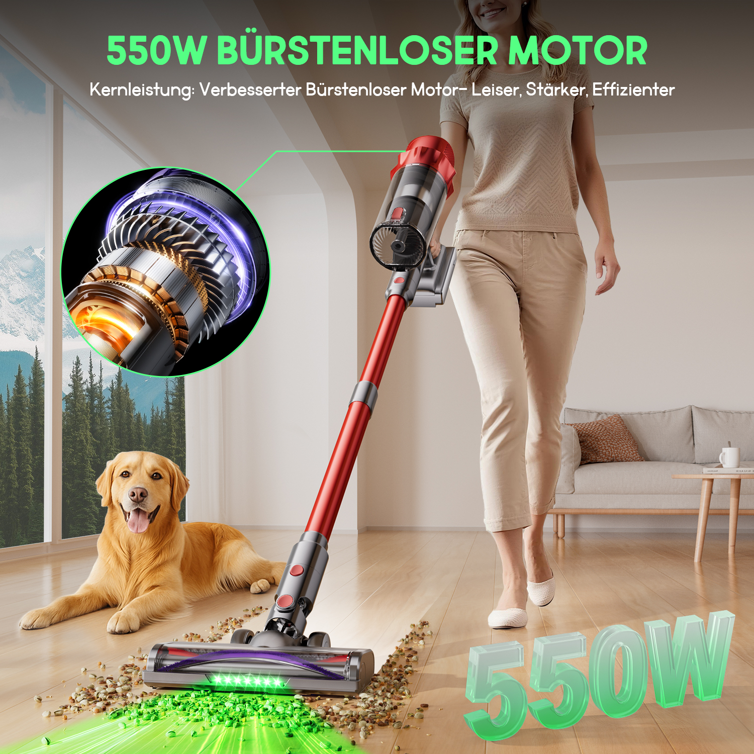 Eine Frau benutzt einen roten Staubsauger. Ein Golden Retriever liegt auf dem Boden. Das Bild hat grünen Text und eine Nahaufnahme des Motors.