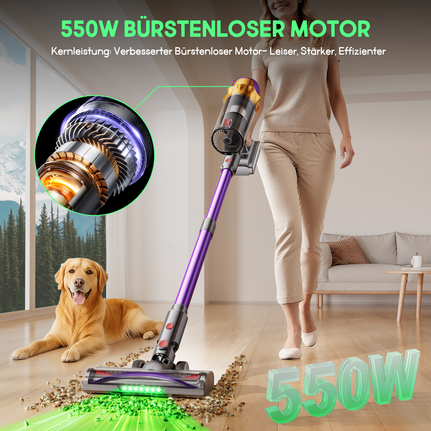 Eine Frau benutzt einen violetten Staubsauger. Ein Golden Retriever liegt auf dem Boden. Der Staubsauger reinigt Schmutz. Grüner Text: 550W.