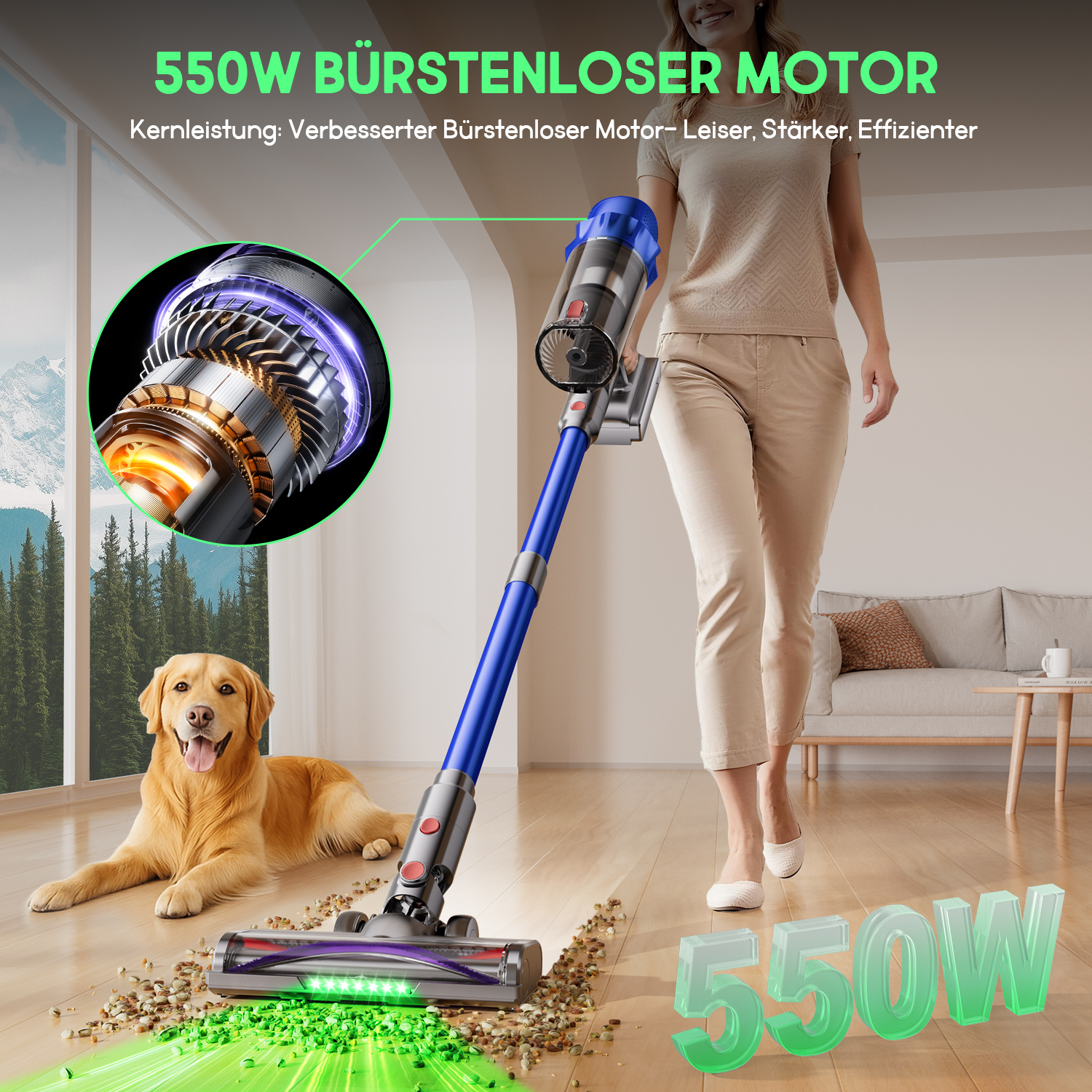 Eine Frau benutzt einen blauen Staubsauger. Ein Hund liegt auf dem Boden. Der Text lautet 550W bürstenloser Motor.