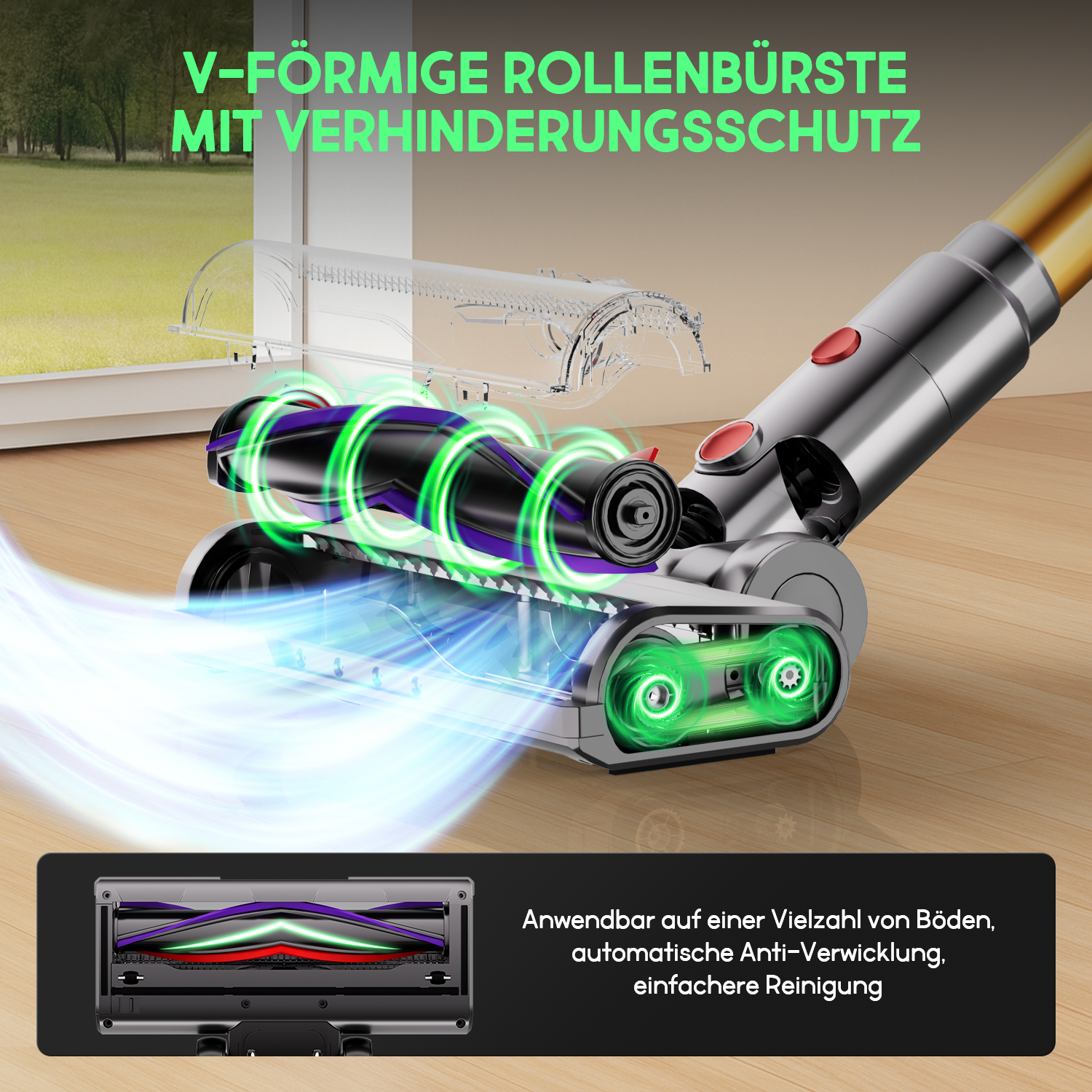 Ein Staubsauger mit V-förmiger Rollbürste. Er hat ein silbernes Gehäuse mit roten Knöpfen. Die Bürste hat lila und grüne Teile.
