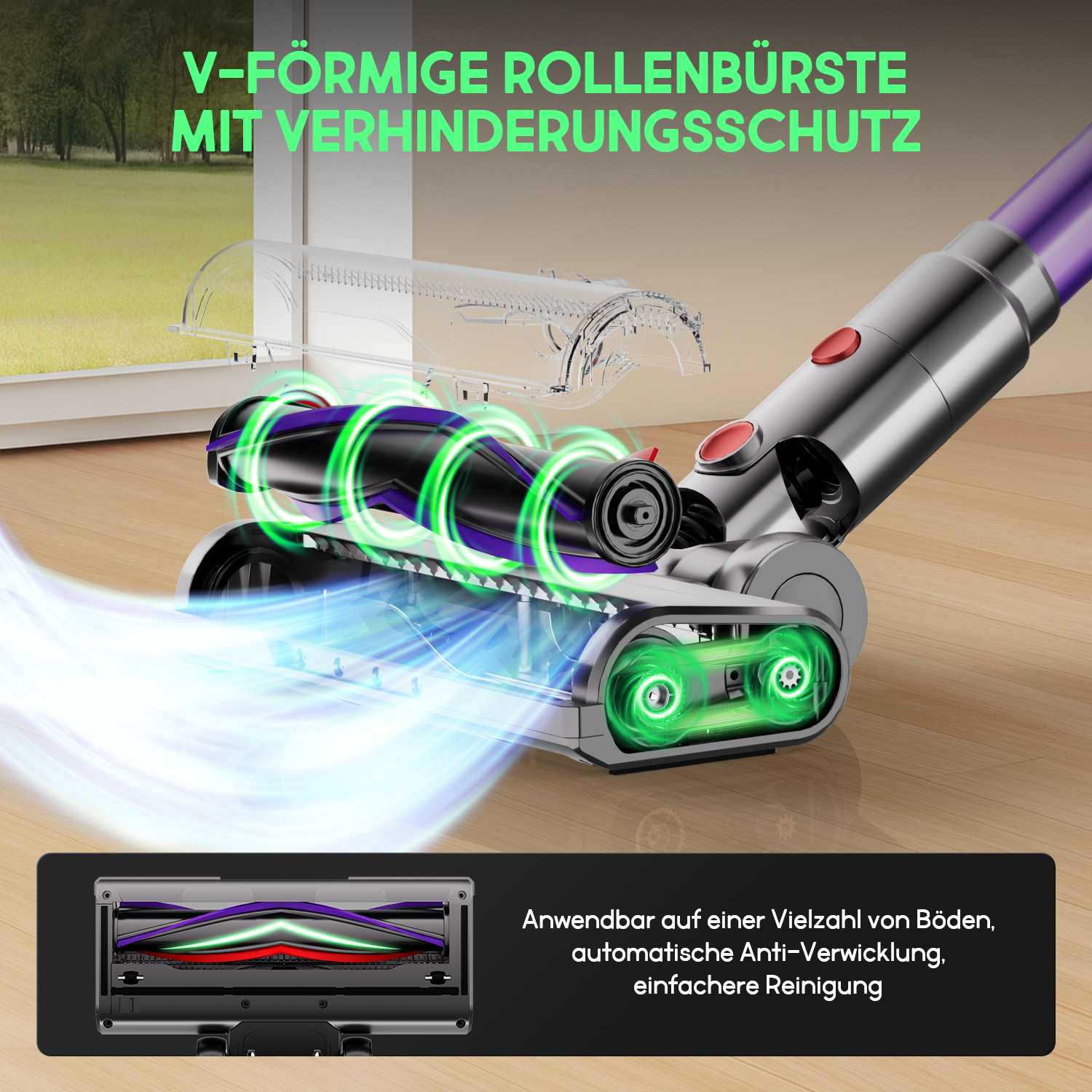 Staubsauger mit V-förmiger Rollbürste. Zeigt Teile und Funktionen, mit detaillierter Ansicht des Bürstenkopfes und der Anti-Verwicklungsfunktion.