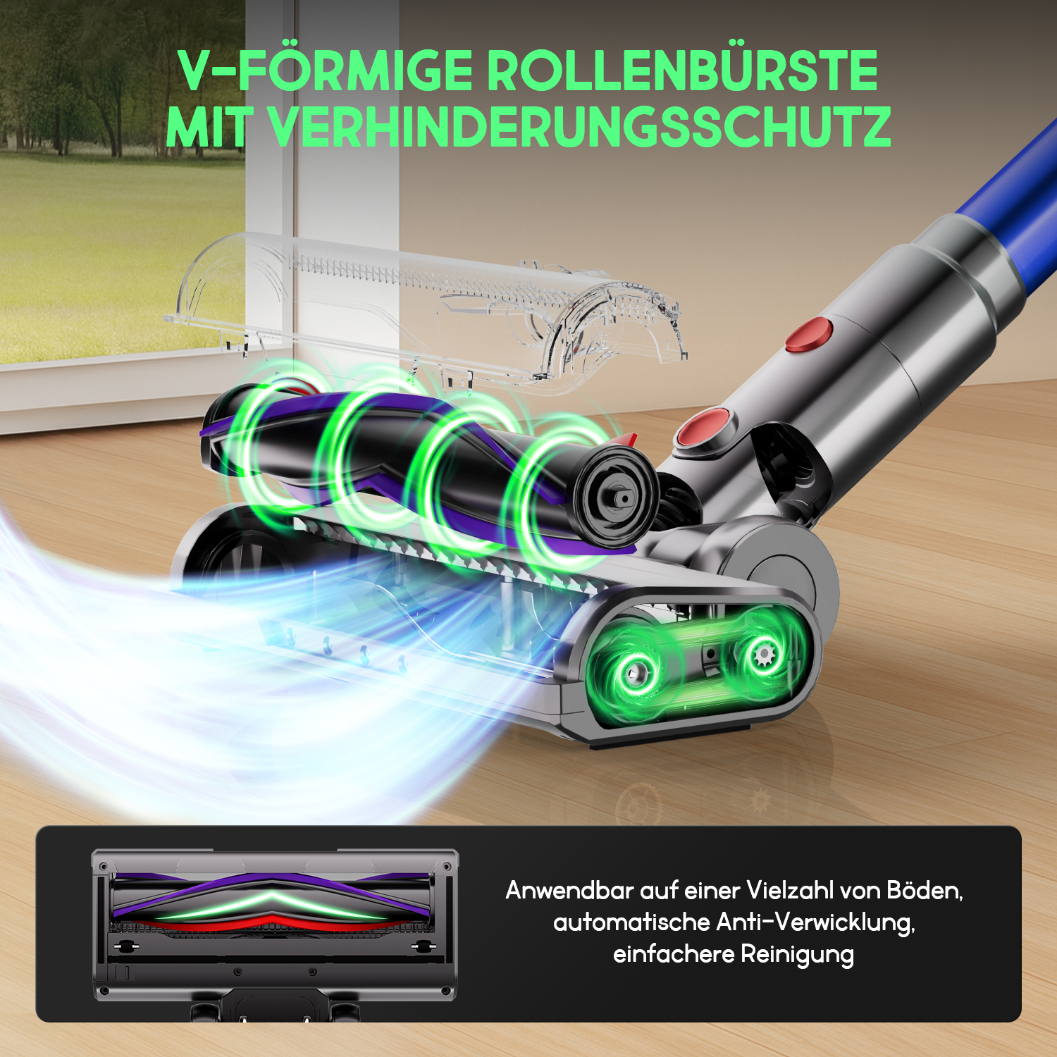 Ein Staubsauger mit V-förmiger Rollbürste. Text sagt: geeignet für verschiedene Böden, automatische Anti-Verwicklung, einfachere Reinigung.