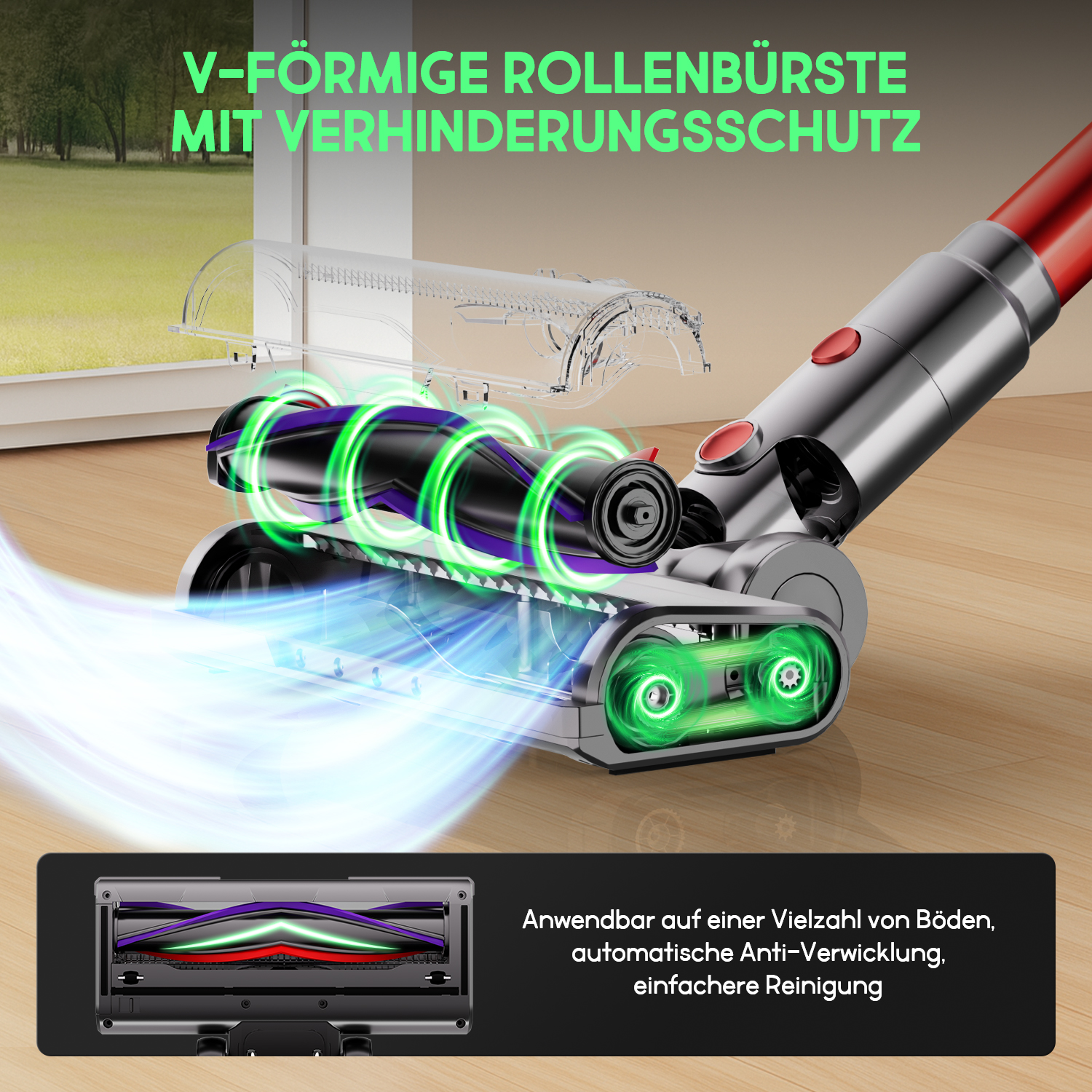 Ein Staubsauger mit V-förmiger Rollbürste. Grüne und lila Akzente sind sichtbar. Text: für verschiedene Böden, Anti-Verhedderung, einfache Reinigung.