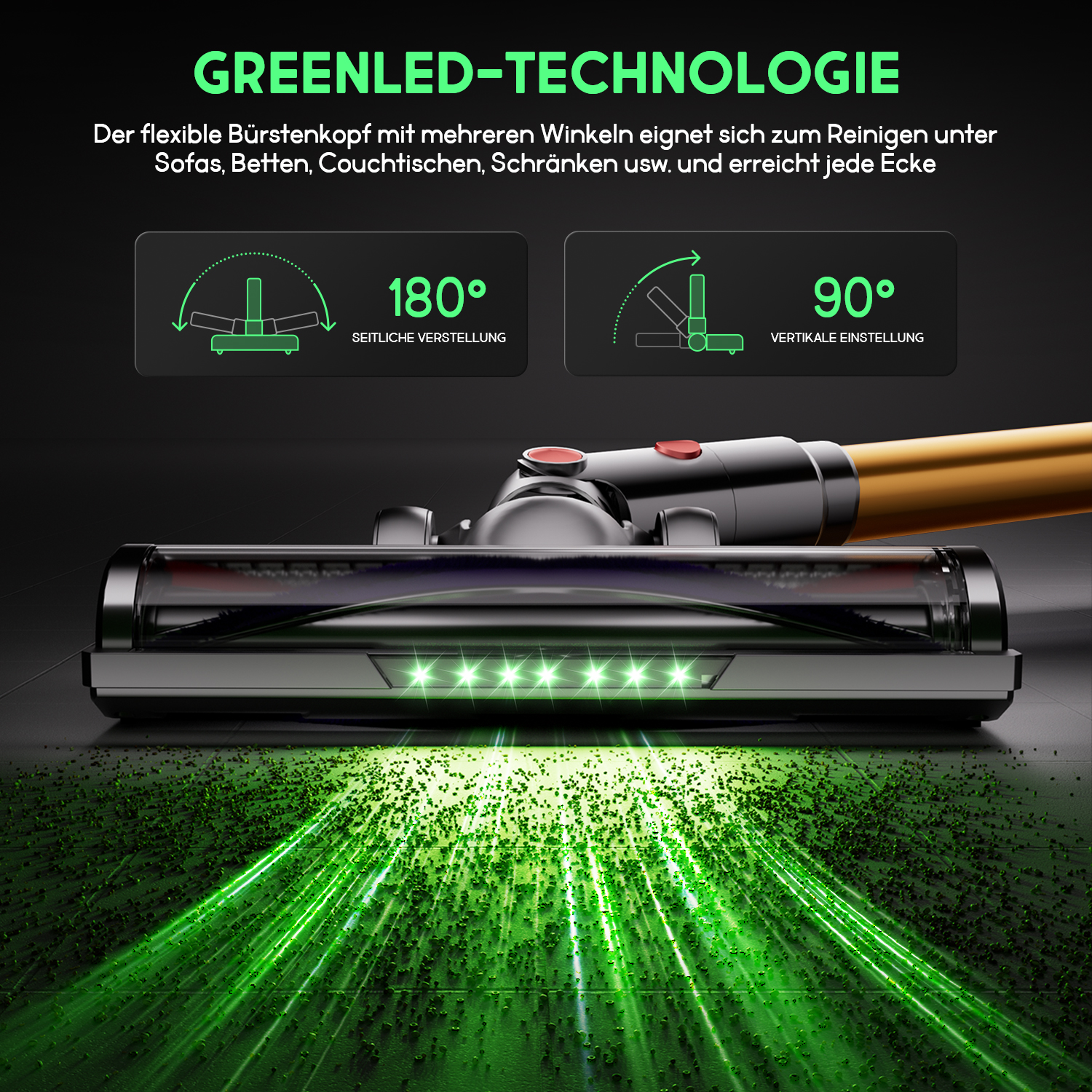 Ein Staubsaugerkopf mit grünen LED-Leuchten, Diagrammen zur Winkeleinstellung und grünen Lichtstrahlen.