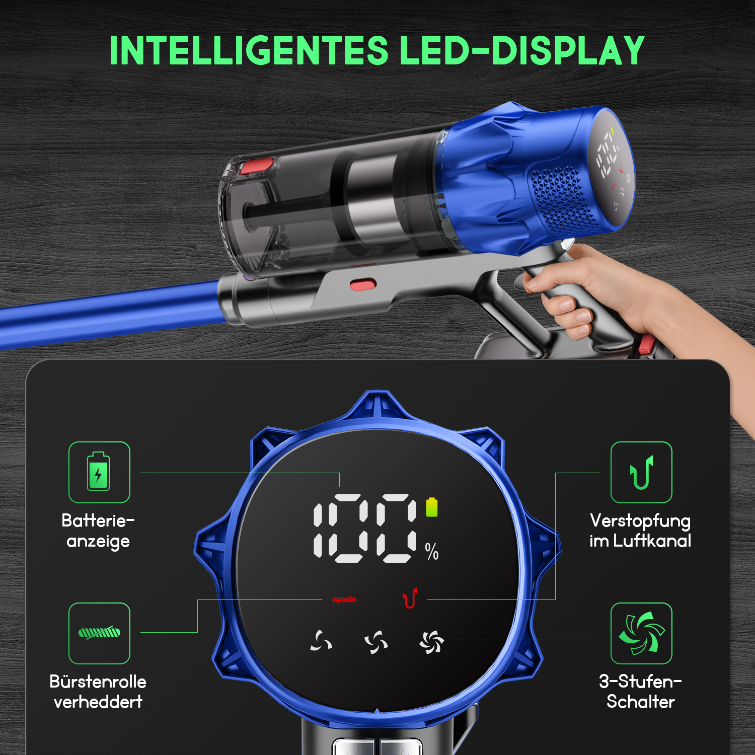 Blauer und grauer Staubsauger mit LED-Anzeige, die Batterie- und andere Zustände anzeigt. Das Display zeigt '100%' an. Symbole zeigen Funktionen an.