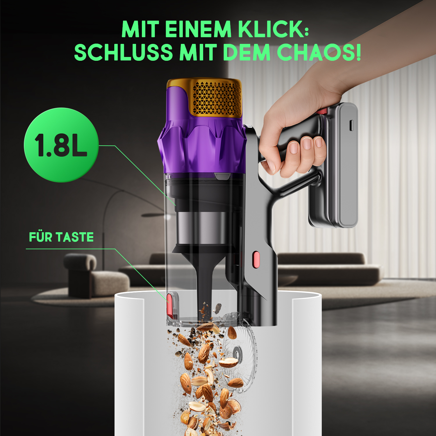 Eine Hand hält einen violetten und goldenen Staubsauger. Mandeln und Schmutz sind im transparenten Staubbehälter zu sehen. Text darüber lautet 'schluss mit dem chaos'.