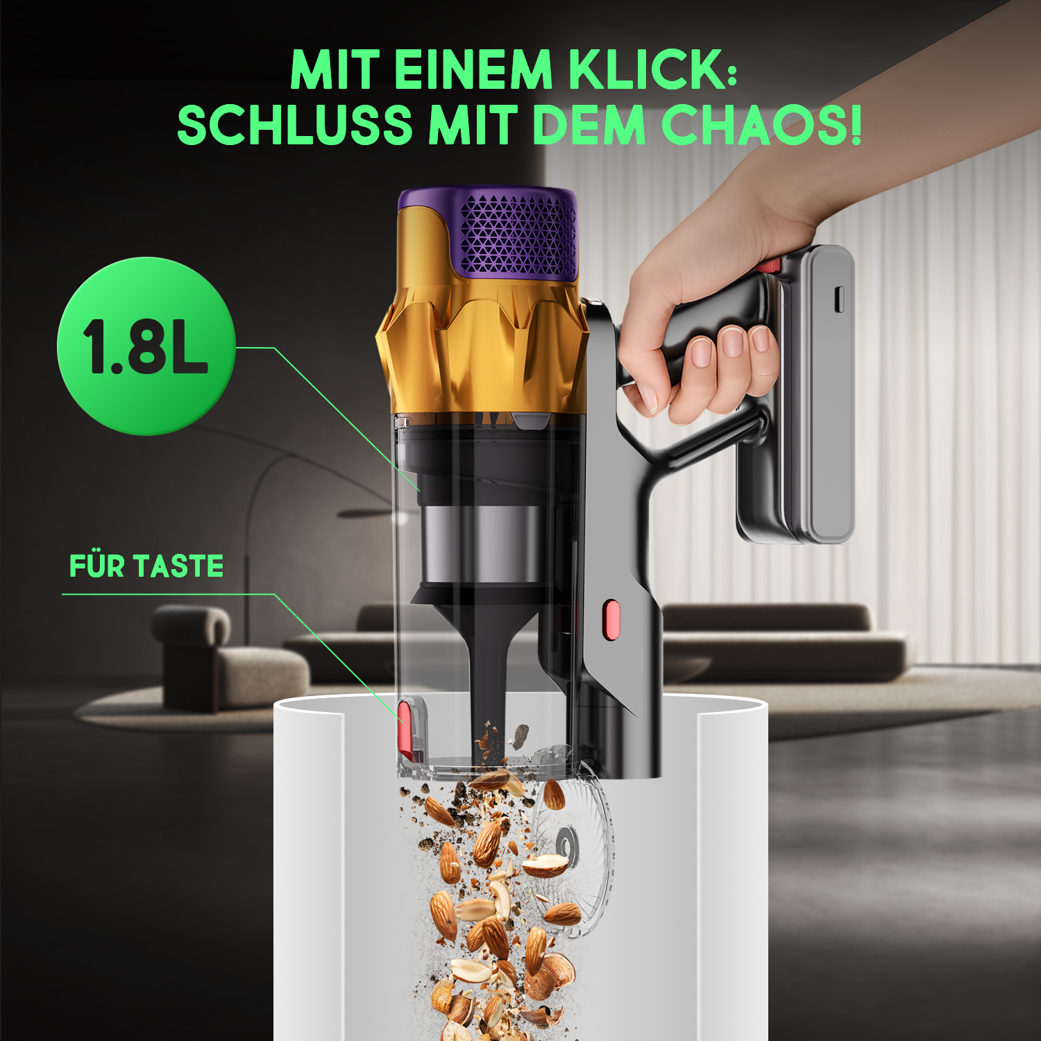 Eine Hand hält einen Staubsauger. Der Staubsauger ist gold und lila, mit einer durchsichtigen Kammer voller Mandeln und Schmutz. Textüberlagerungen.