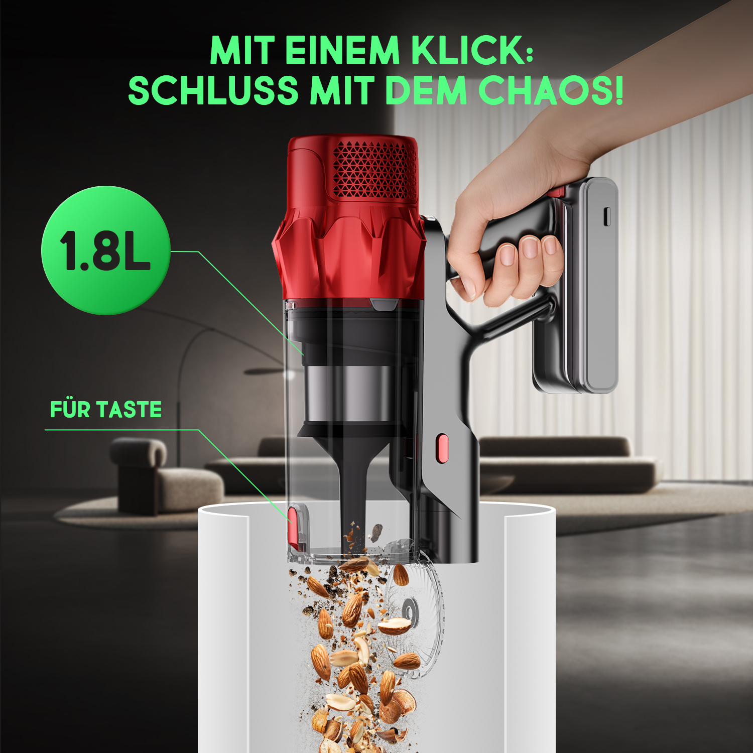Ein rot-schwarzer Staubsauger wird von einer Hand gehalten. Der Staubsauger befindet sich über einem weißen Behälter mit Mandeln und Ablagerungen.