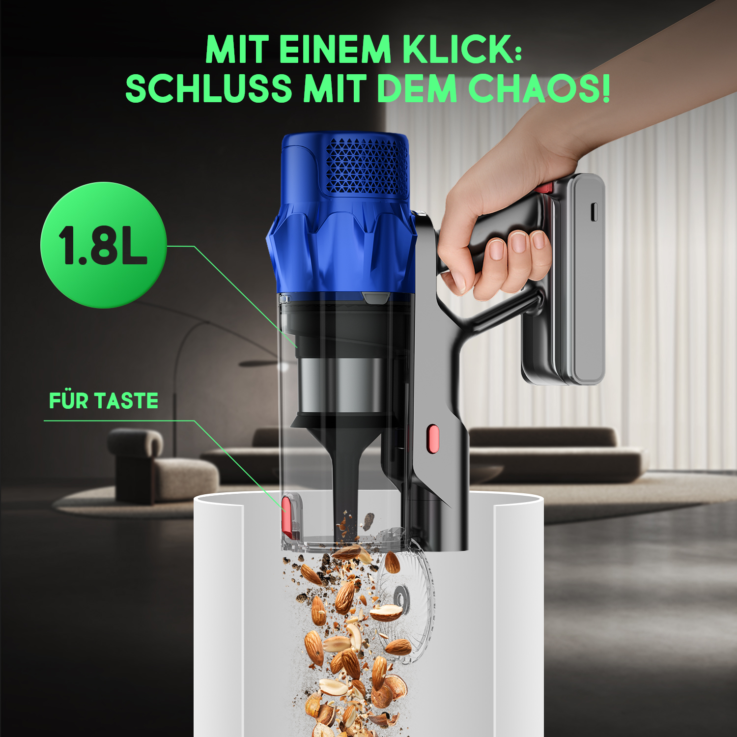 Eine Hand hält einen Staubsauger mit blauem Oberteil, der Mandeln aufsaugt. Text: 'Mit einem Klick: Schluss mit dem Chaos!'