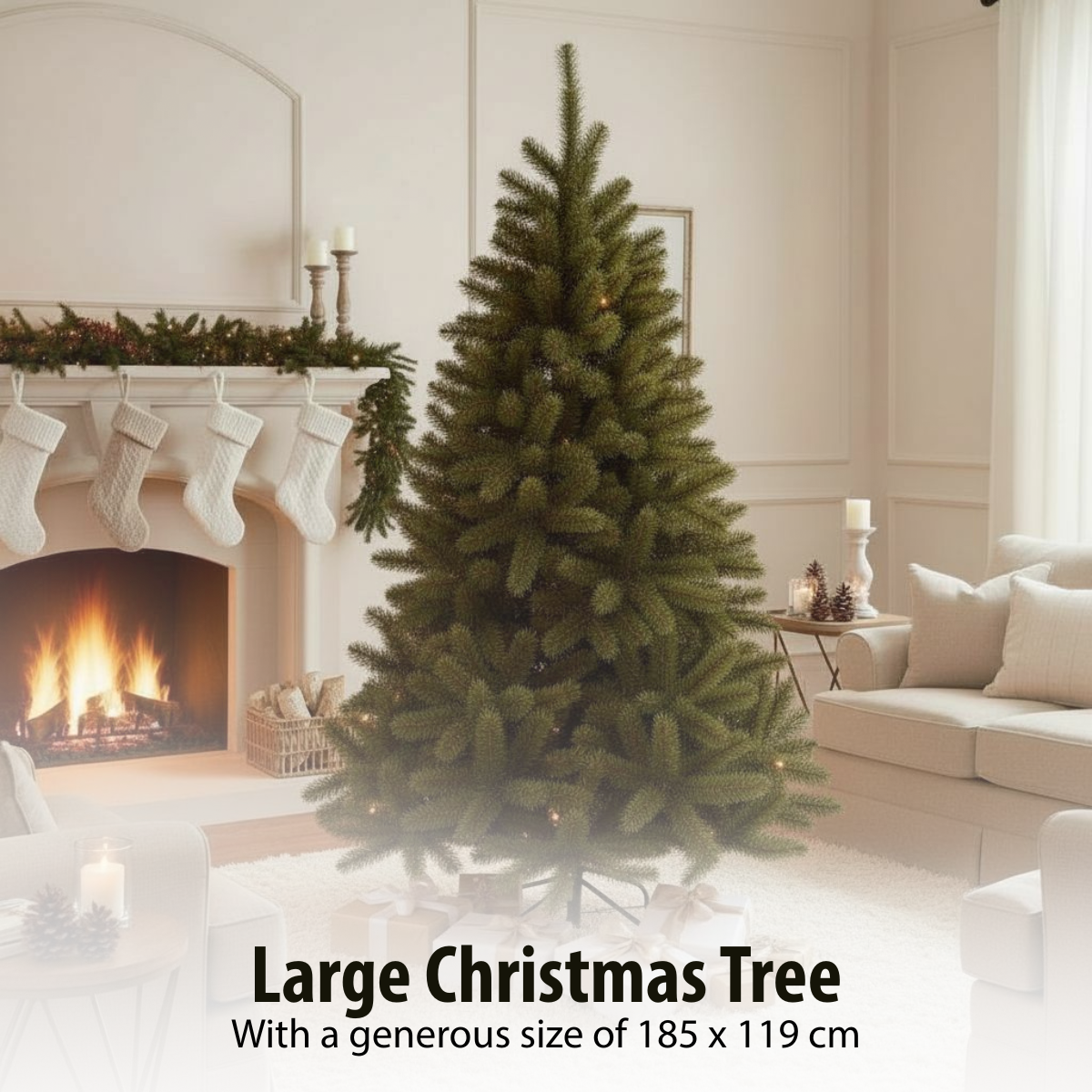 A large Christmas tree in a living room. Fireplace with stockings, sofa, and presents under the tree. Festive and cozy atmosphere.