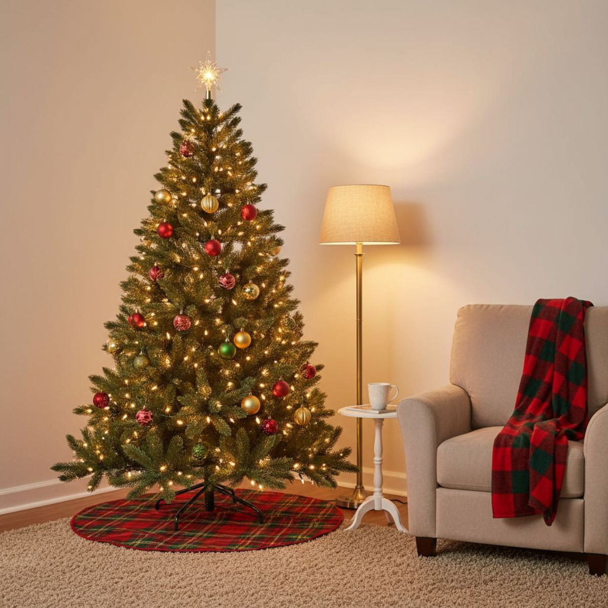 Un sapin de Noël décoré avec des lumières et des ornements. Une couverture à carreaux rouges et verts est sur un fauteuil beige.