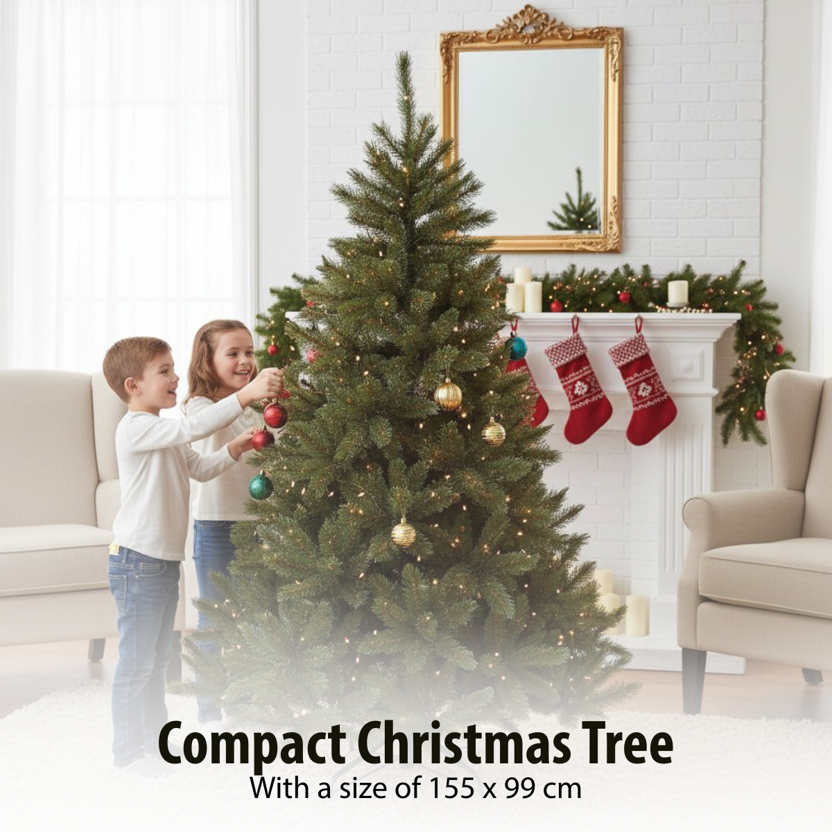 Deux enfants décorent un sapin de Noël. Une cheminée avec des bas et un miroir sont en arrière-plan.