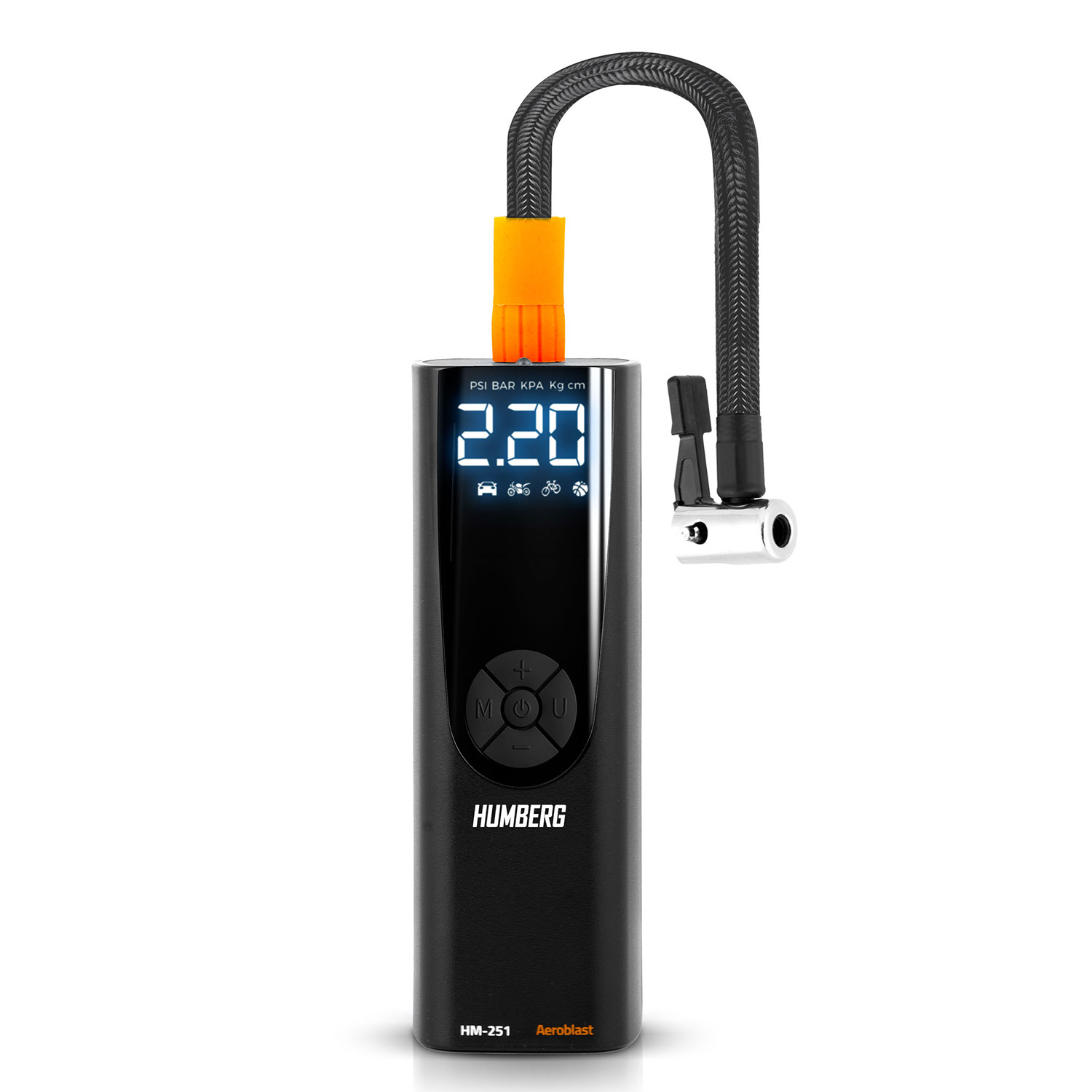 Czarna pompka powietrza Humberg HM-251 Aeroblast z cyfrowym wyświetlaczem 2,20. Ma wąż i srebrną dyszę.
