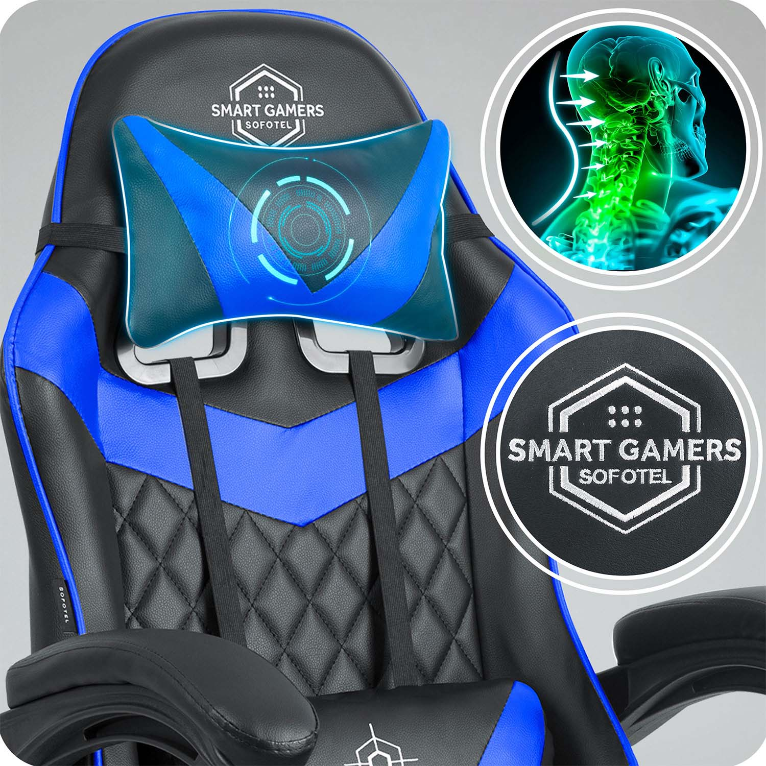 Krzesło do gier z niebieskimi i czarnymi detalami. Ma zagłówek z niebieską poduszką i logo. Schemat pokazuje szyję.