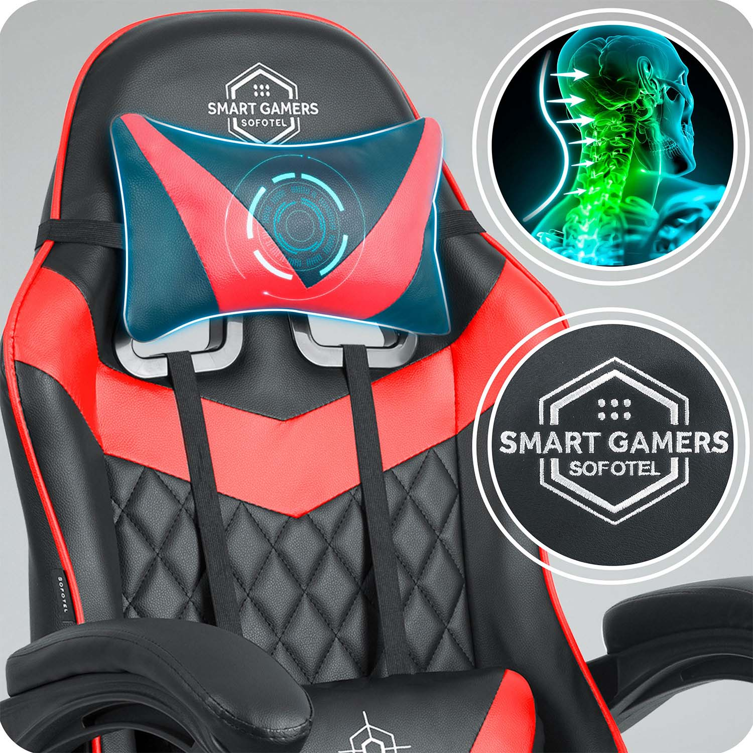 Krzesło do gier z czerwonymi i czarnymi akcentami. Ma zagłówek i poduszkę lędźwiową. Są też ilustracje szyi i logo.