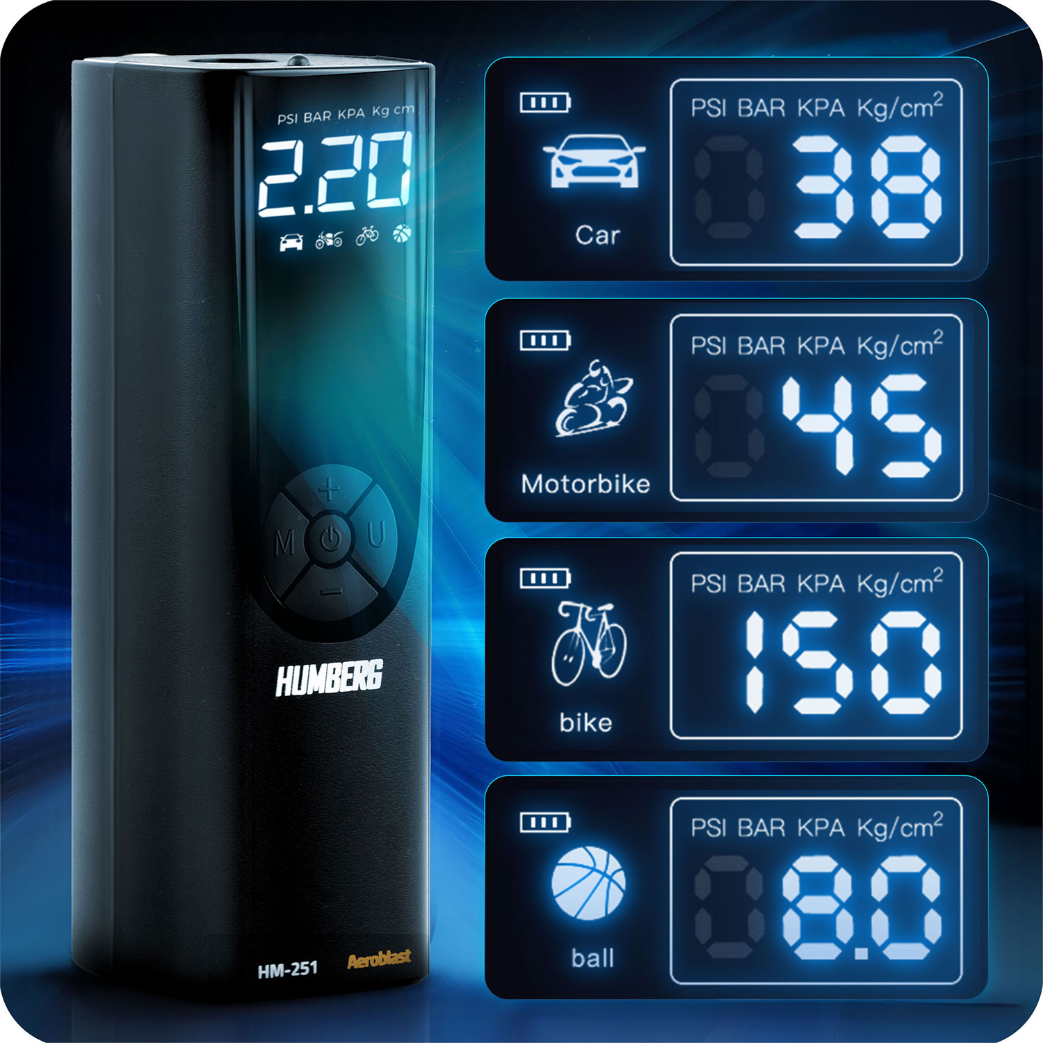 Czarna pompka powietrza z cyfrowym wyświetlaczem pokazuje odczyty ciśnienia dla samochodu, motocykla, roweru i piłki. Pompka ma przyciski i markę.