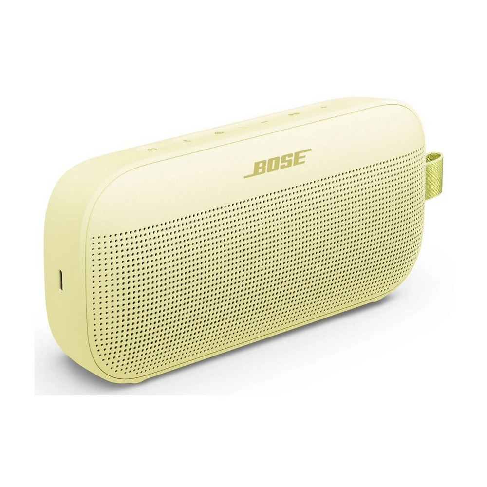 Ein gelber tragbarer Bose-Lautsprecher. Er hat eine perforierte Vorderseite, einen Griff und das Bose-Logo. Der Lautsprecher steht auf weißem Hintergrund.