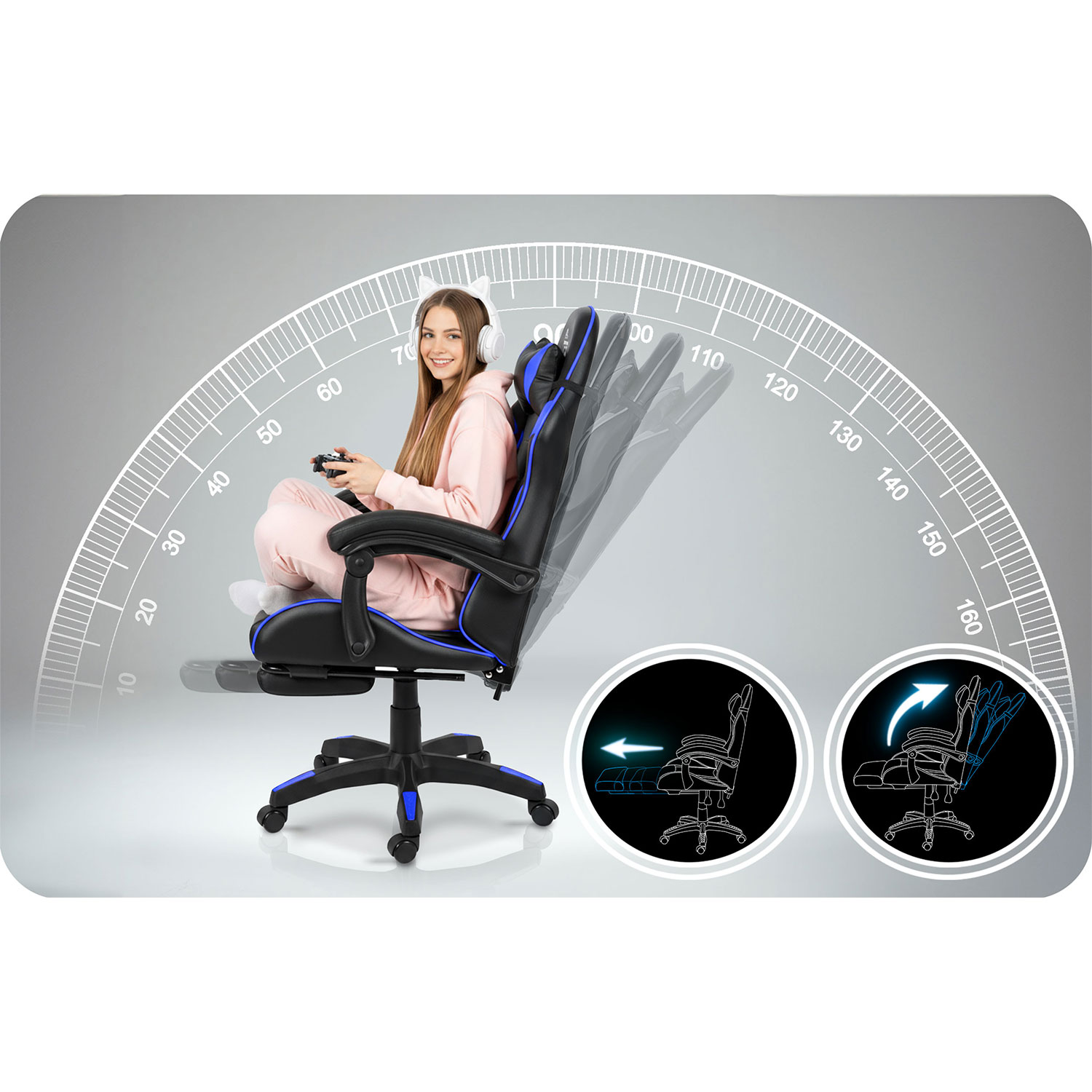 Kobieta w różowym dresie siedzi na fotelu do gier, trzymając kontroler. Szare tło ze wskaźnikiem stopni i ikonami regulacji fotela.