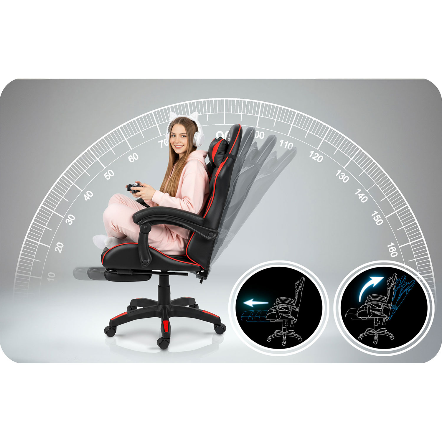 Kobieta siedzi w fotelu do gier, trzymając kontroler. Fotel jest czarny i czerwony. Diagram pokazuje regulację.