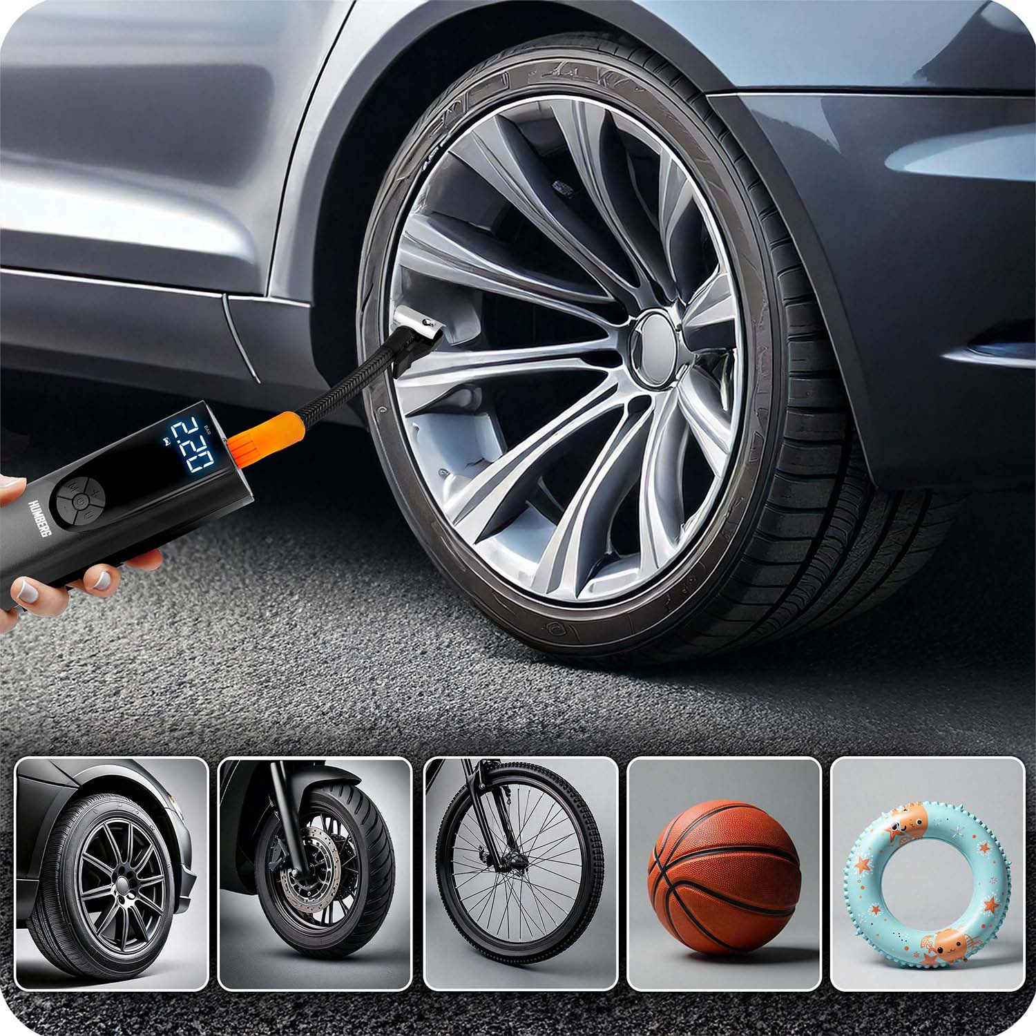 Opona samochodowa pompowana cyfrową pompką powietrza. Pokazano inne opony, piłkę do koszykówki i koło do pływania.