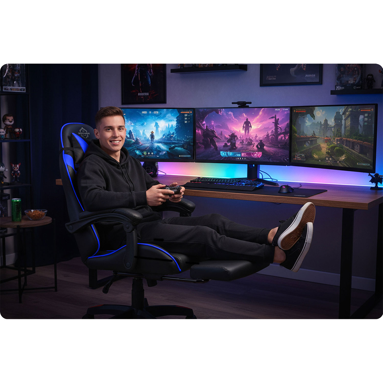 Mężczyzna uśmiecha się, trzymając kontroler do gier. Siedzi na fotelu do gier, z nogami w górze, patrząc na trzy monitory.