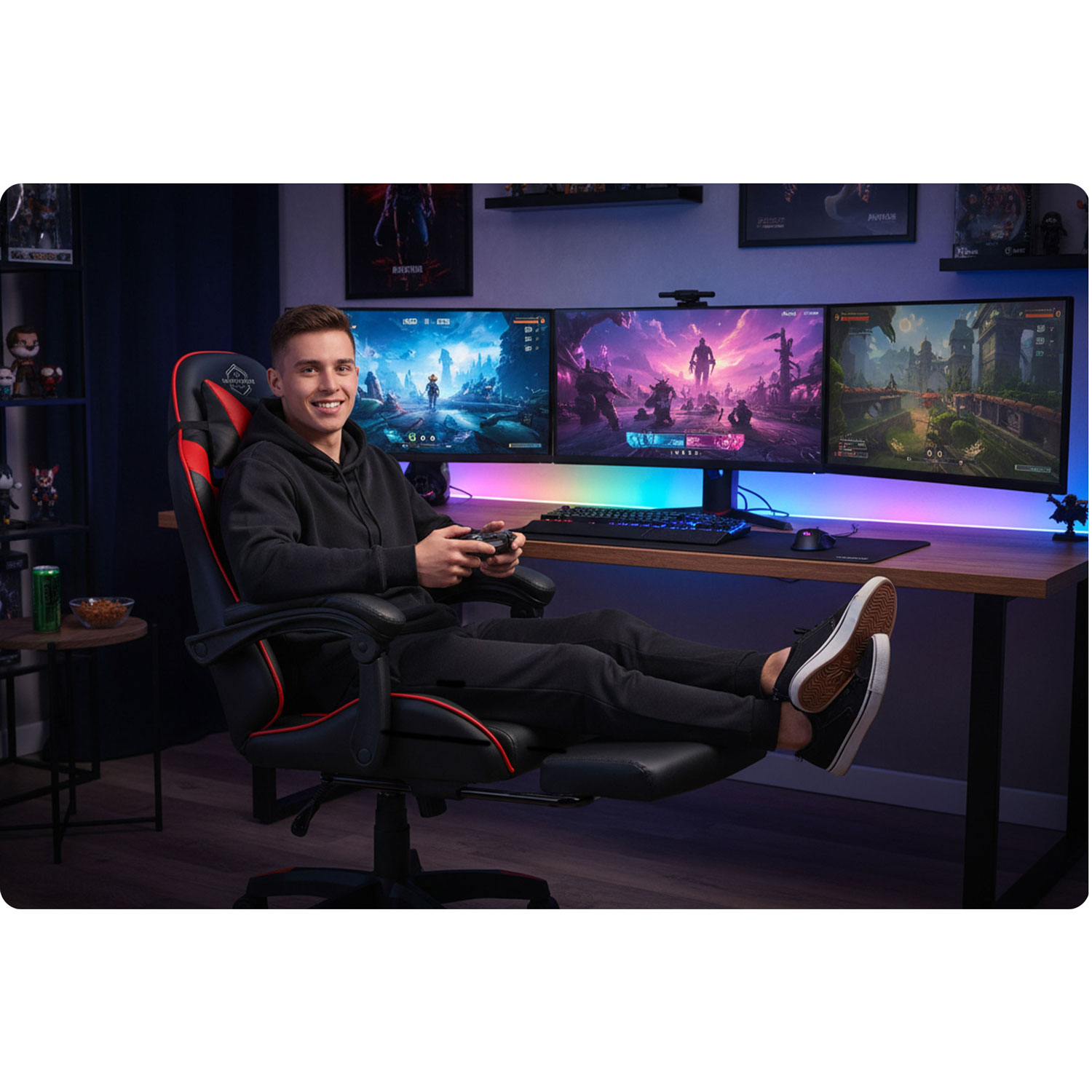 Mężczyzna uśmiecha się podczas gry na komputerze z trzema ekranami. Siedzi na fotelu do gier z nogami w górze.