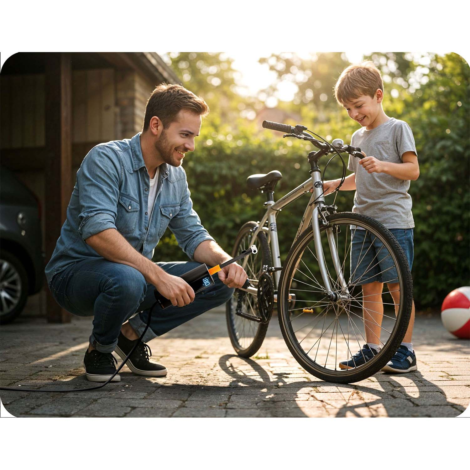 Mężczyzna pompuje oponę roweru, a chłopiec obserwuje. Czerwono-biała piłka leży w pobliżu. Scena rozgrywa się przed garażem.