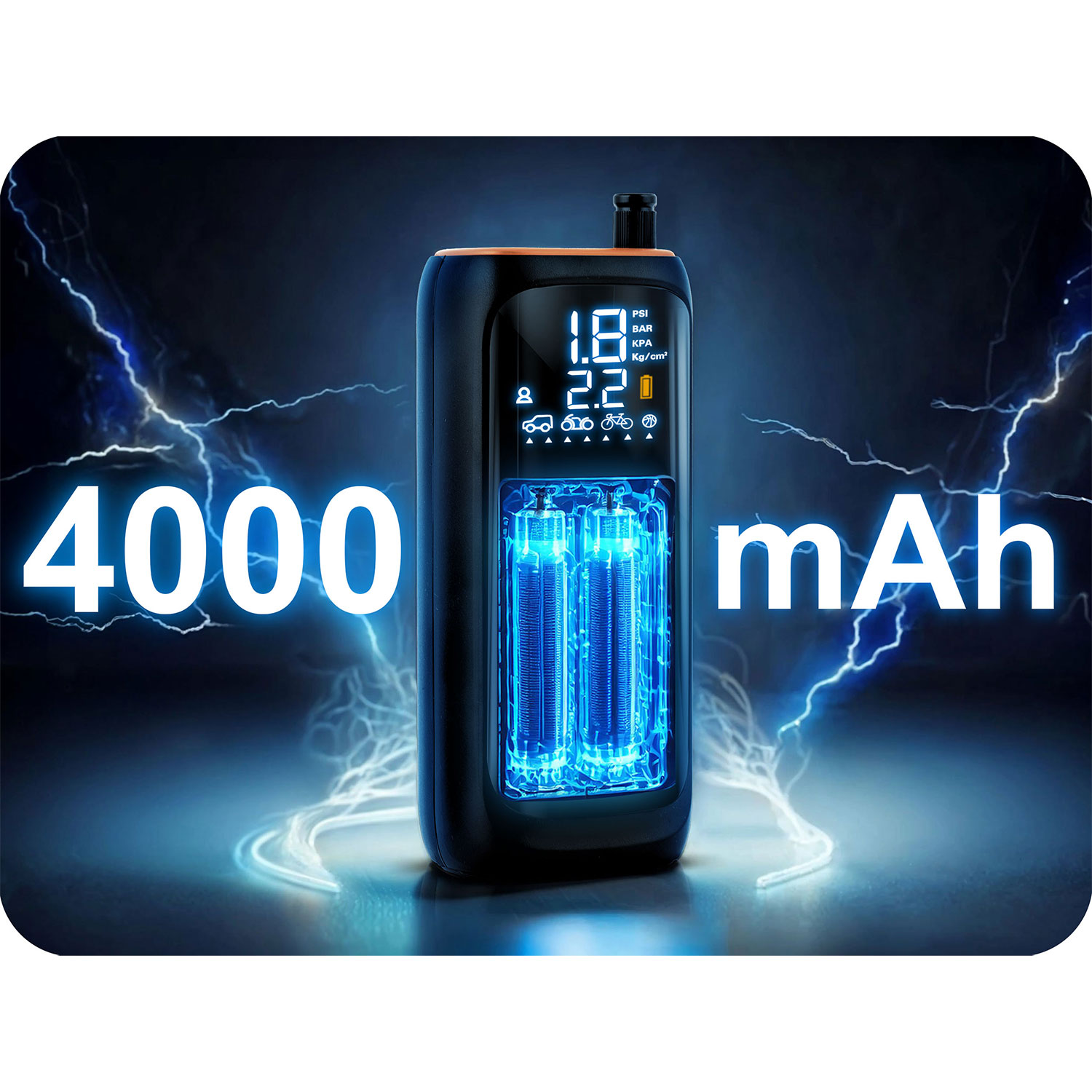 Czarna i pomarańczowa pompka powietrza z cyfrowym wyświetlaczem, pokazującym wartości ciśnienia i pojemność baterii 4000 mAh, z niebieskimi neonami.