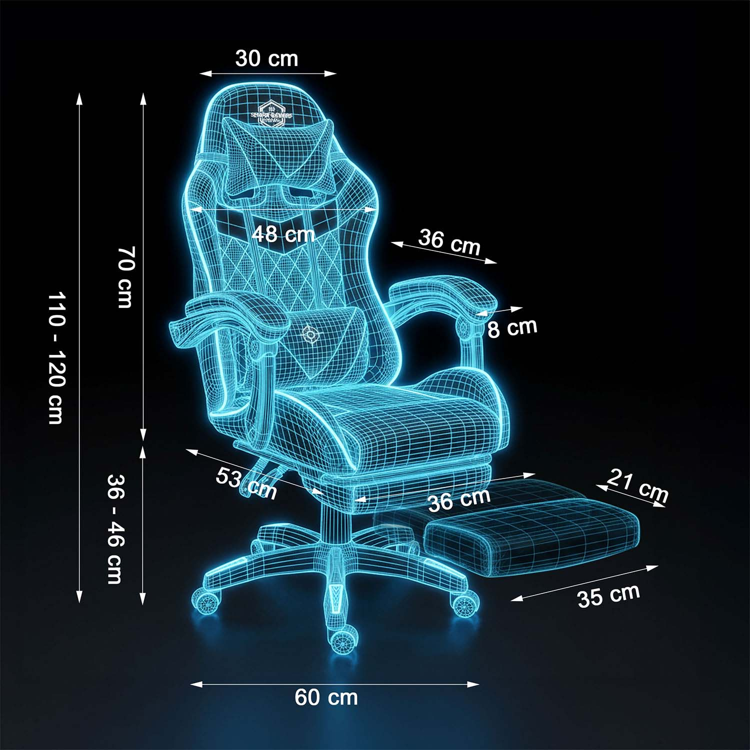 Niebieskie krzesło gamingowe z wireframe i wymiarami. Zawiera zagłówek, podłokietniki, siedzisko, podnóżek i podstawę. Czarne tło.