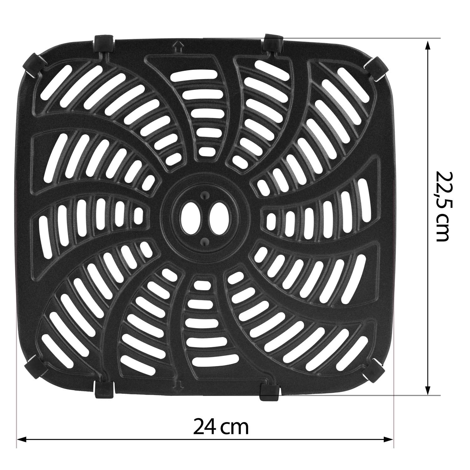 Czarny kosz do frytkownicy powietrznej z wzorem. Wymiary to 24cm x 22,5cm.