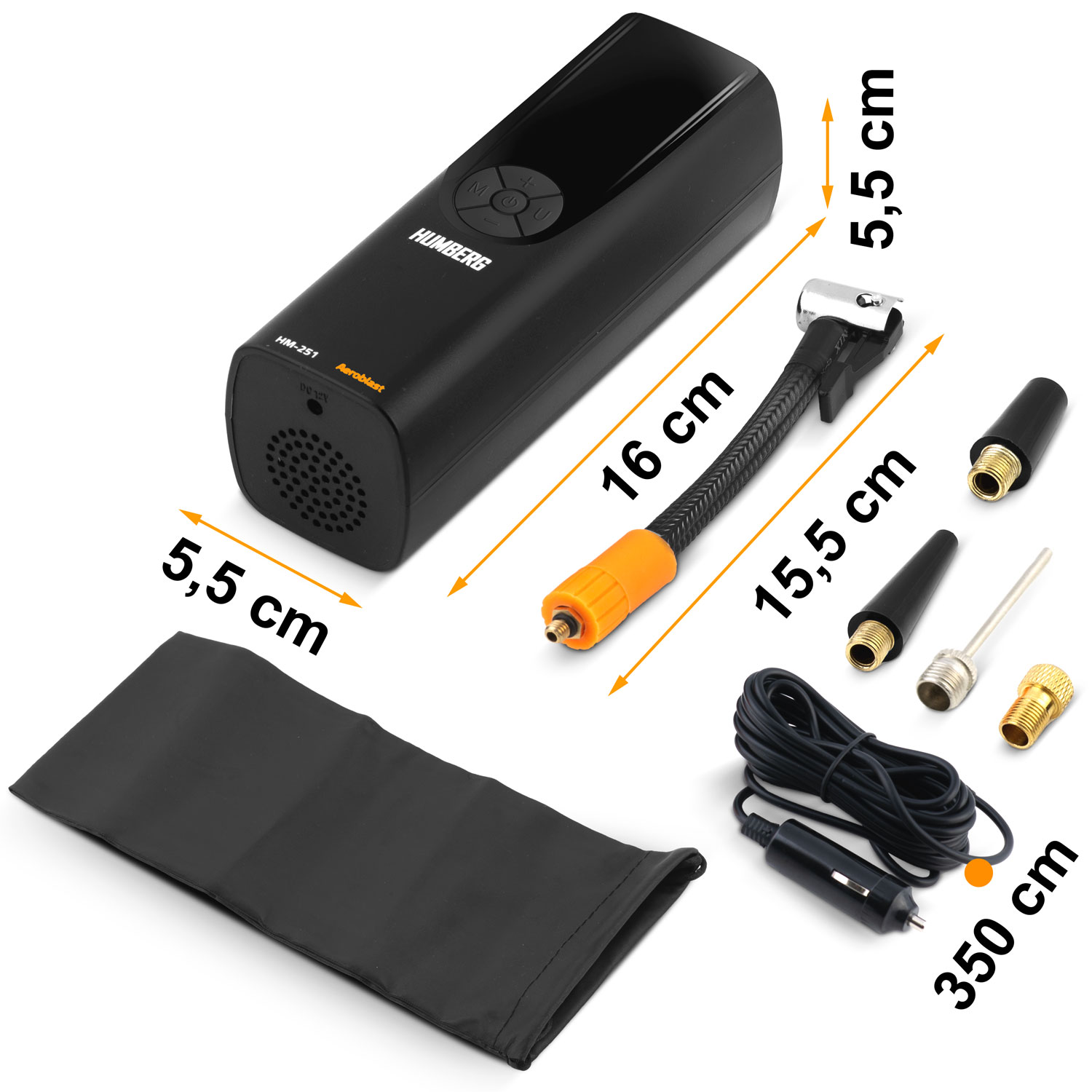 Czarny kompresor powietrza z akcesoriami, w tym wężem, dyszami, torbą i ładowarką samochodową, z pomiarami długości.