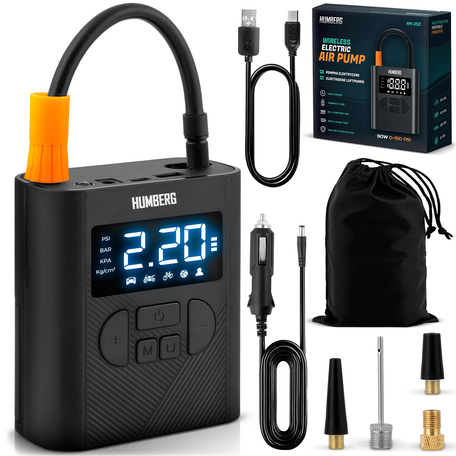 Czarna elektryczna pompka powietrza z wyświetlaczem 2.20. Zawiera akcesoria, pudełko i torbę. Marka to HUMBERG.