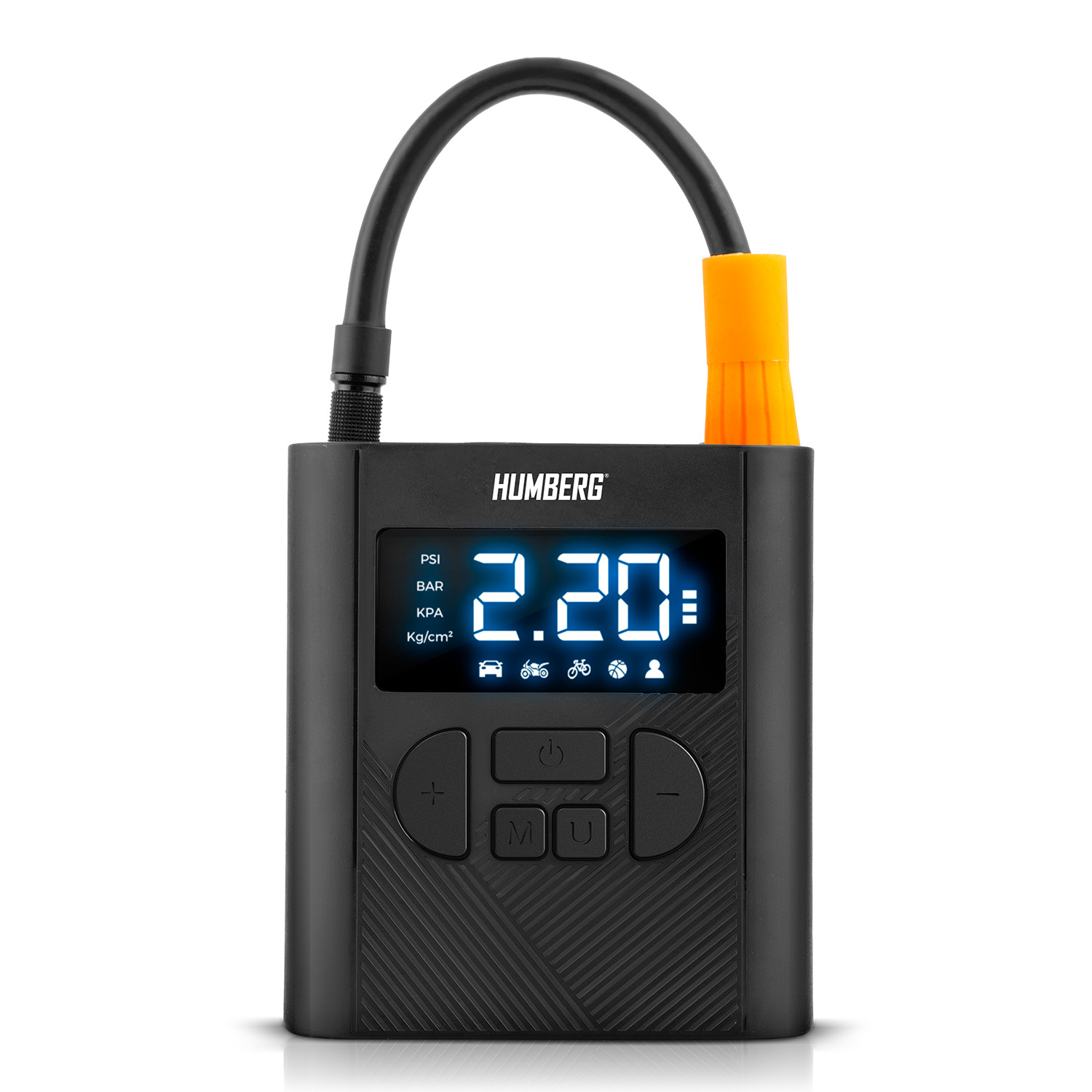 Czarny, cyfrowy inflator opon z wyświetlaczem 2.20. Posiada wąż z pomarańczowym zakończeniem i czarny kabel zasilający.