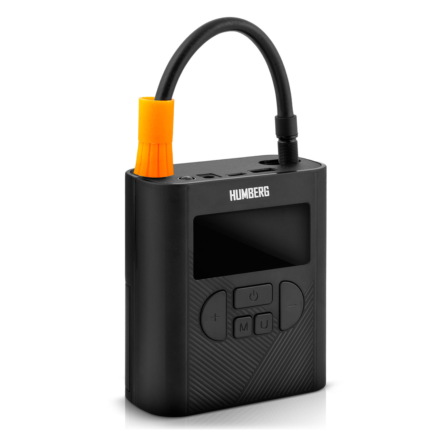 Czarna pompka powietrza Humberg z czarnym wężem i pomarańczową dyszą. Posiada ekran i przyciski.