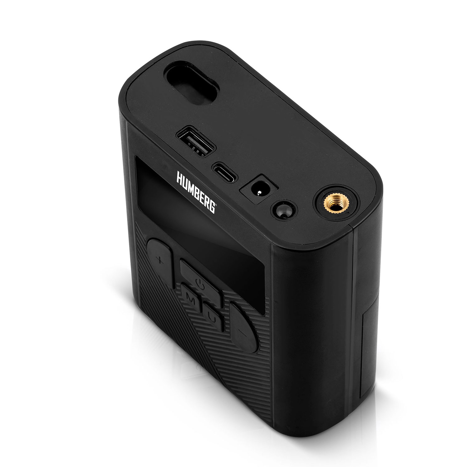 Czarne, prostokątne urządzenie HUMBERG z portami i przyciskami. Ma ekran i teksturowaną powierzchnię, umieszczone na białej powierzchni.