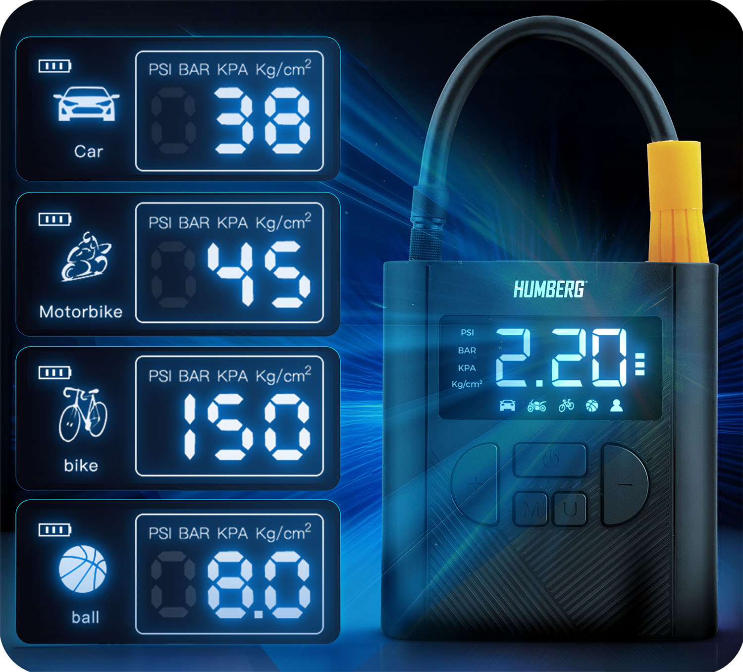Pompka powietrza z cyfrowymi wyświetlaczami pokazującymi ciśnienie dla samochodu, motocykla, roweru i piłki. Pompka ma czarny korpus i żółtą dyszę.