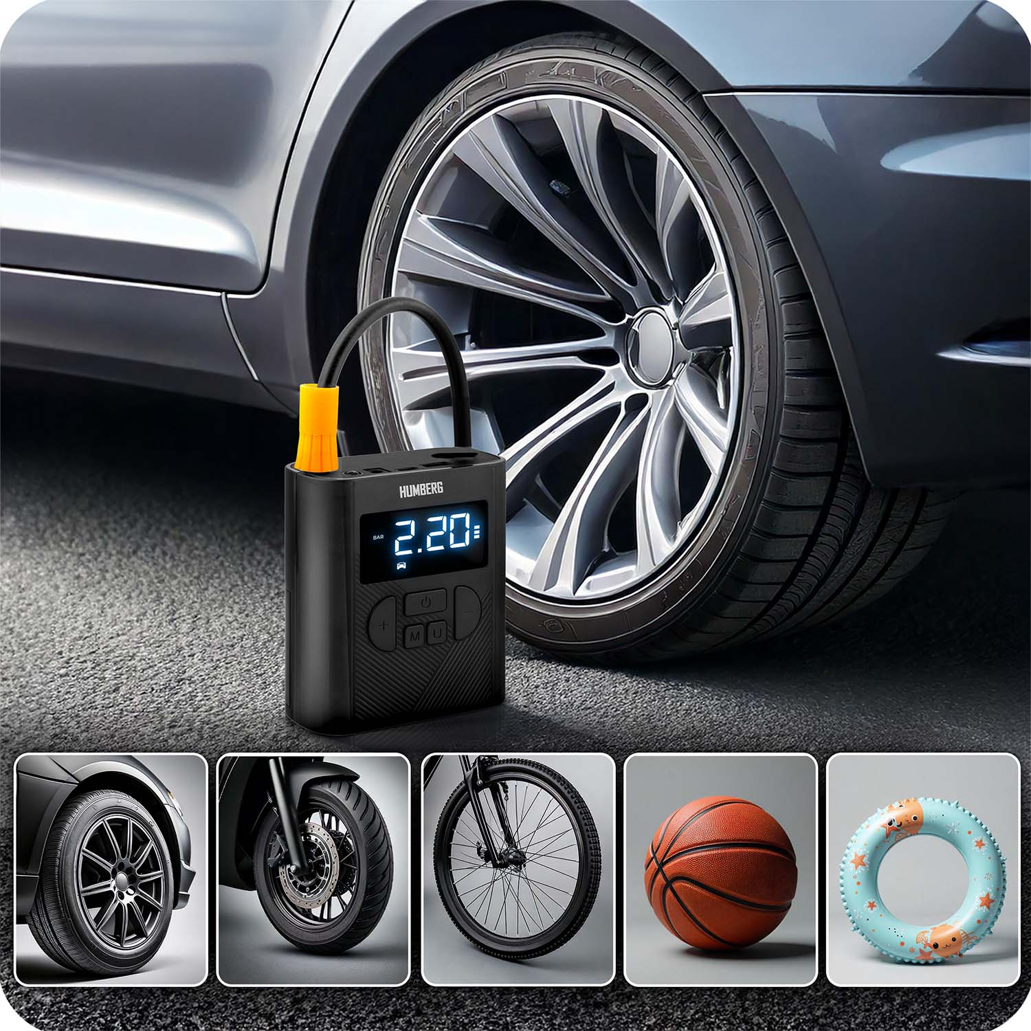 Opona samochodowa pompowana czarną cyfrową pompką powietrza z żółtą dyszą. Na dole pokazano pięć innych opon.