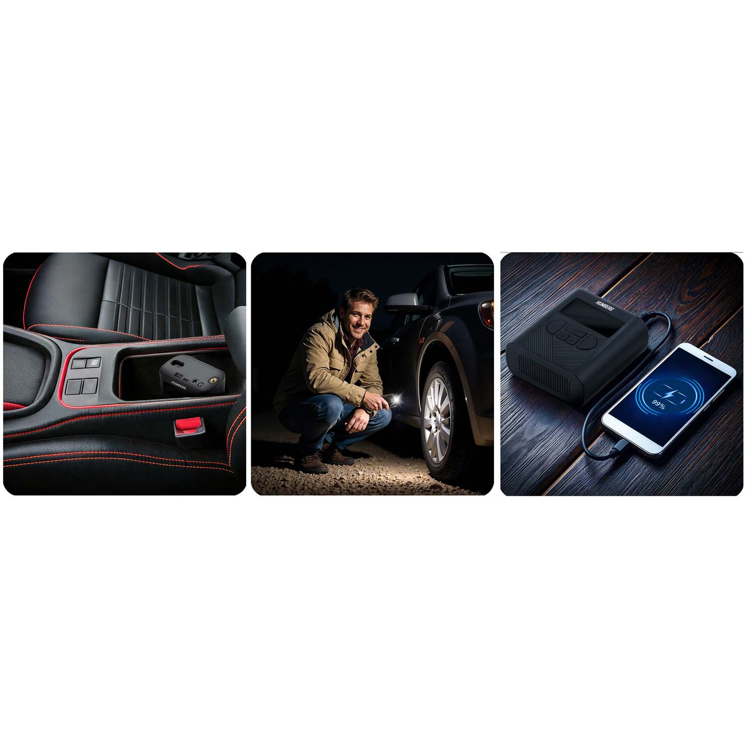 Mężczyzna sprawdza oponę samochodu w nocy. Przenośna pompka do opon jest w samochodzie i ładuje telefon.