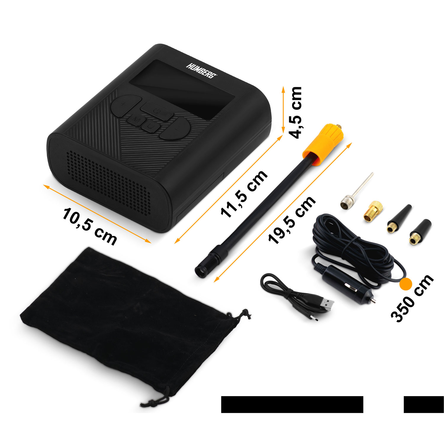 Czarny kompresor powietrza z akcesoriami. Zawiera czarną torbę, wąż, dysze i kabel do ładowarki samochodowej. Wymiary są oznaczone.