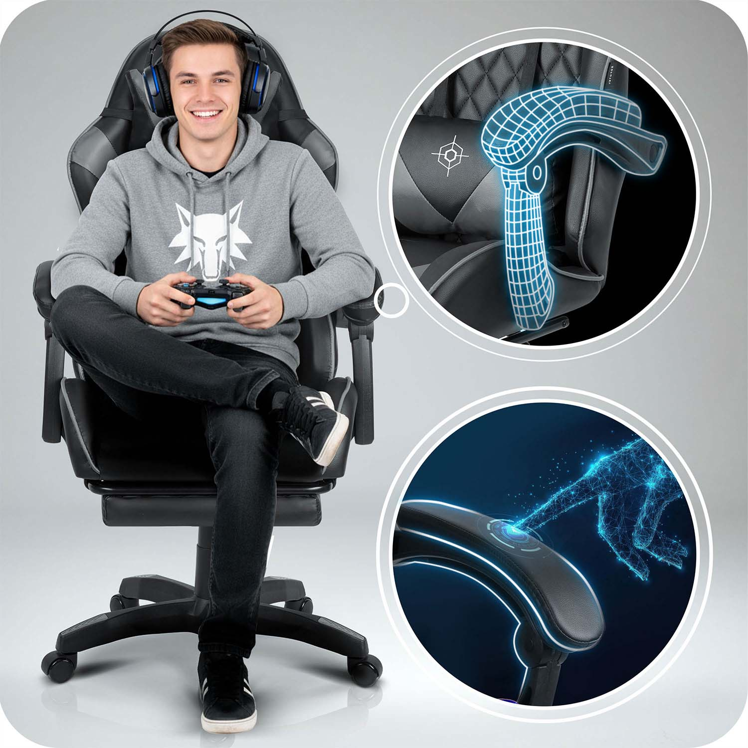 Mężczyzna siedzi na fotelu do gier z kontrolerem. Ma szarą bluzę z kapturem i słuchawki, ze zbliżeniami fotela.