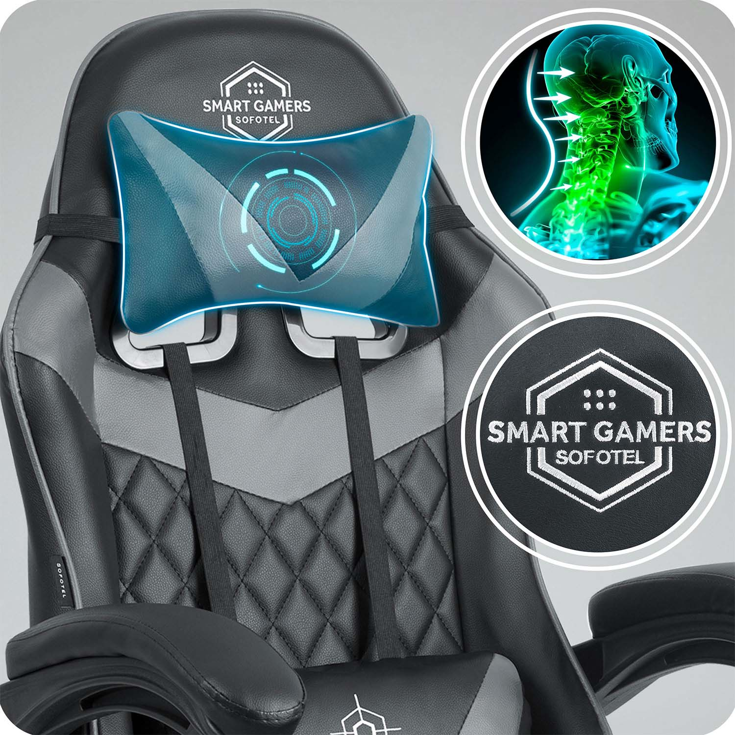 Krzesło do gier z poduszką pod kark. Ma logo Smart Gamers. Diagram szyi pokazuje postawę. Czarne i szare kolory.