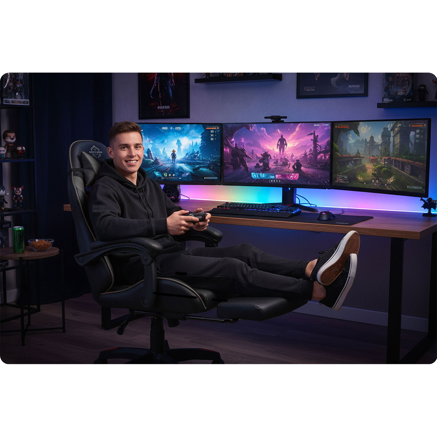 Mężczyzna uśmiecha się podczas grania, siedząc na krześle z nogami w górze. Trzy monitory wyświetlają gry. Klawiatura i mysz na biurku.