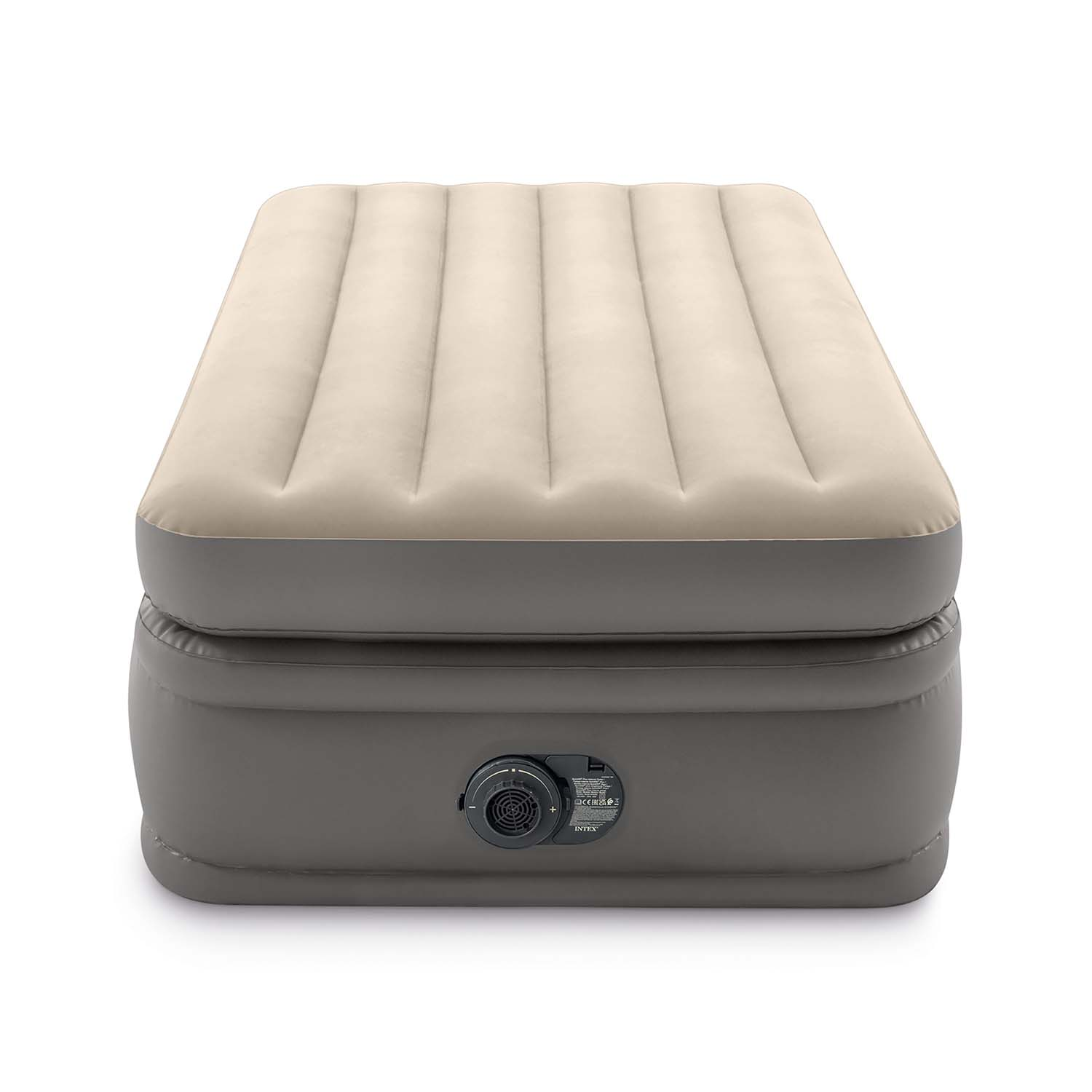 Nadmuchiwany materac, beżowa góra, szara podstawa, z zaworem powietrza z boku, na białym tle.