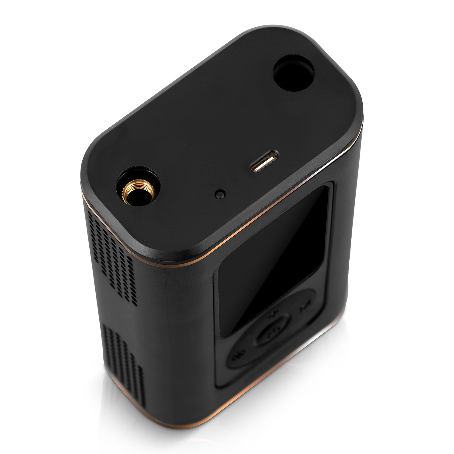 Czarne prostokątne urządzenie ze złotym obramowaniem. Posiada otwory, port USB i przyciski. Leży na białej powierzchni.