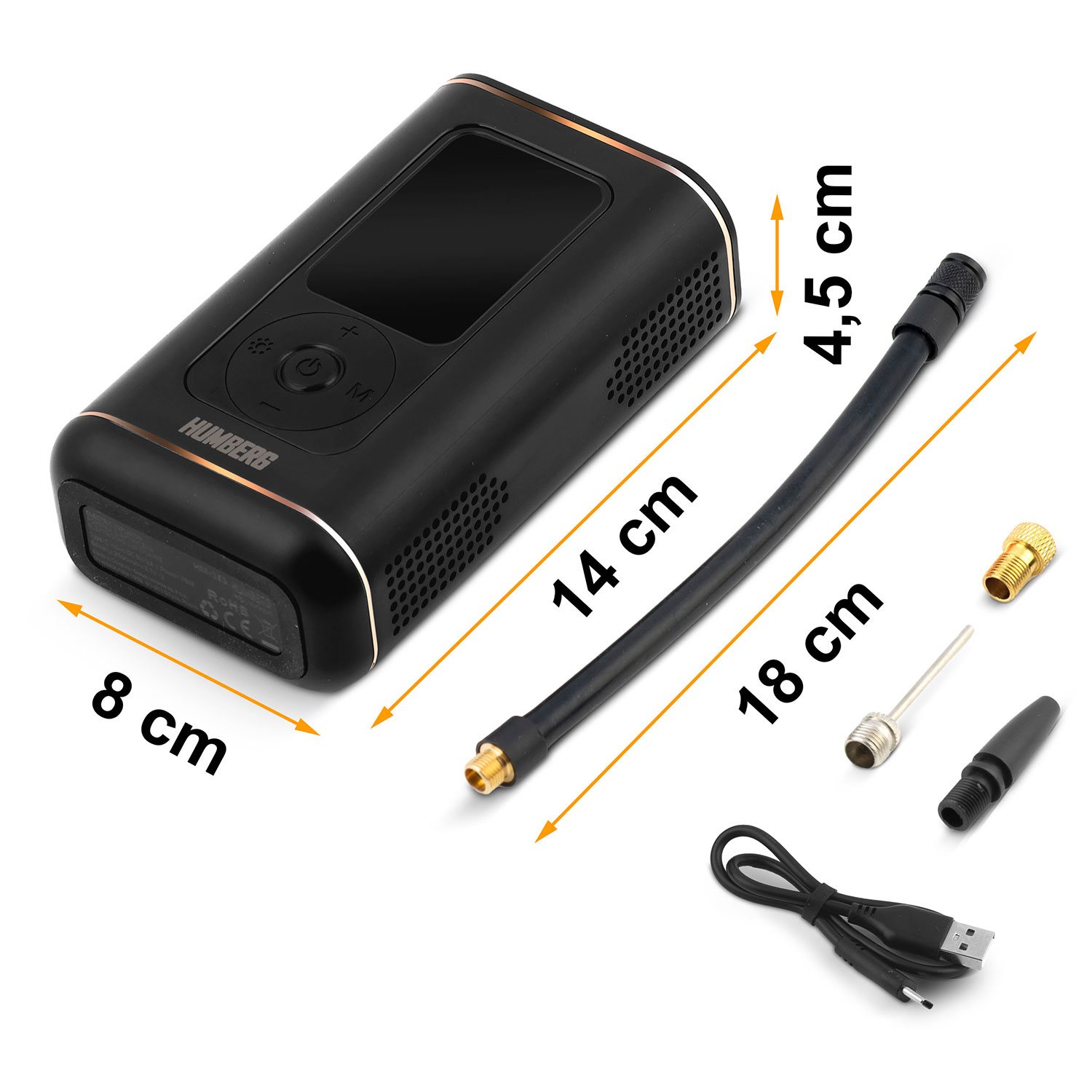 Czarny i złoty kompresor powietrza z akcesoriami. Wymiary są wskazane. Zawiera wąż, dysze i kabel USB.